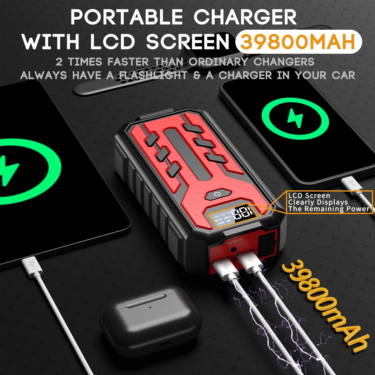 GPED Portable Car Jump Starter 4000A Peak 12V Auto Battery Booster with LCD Display and Power Bank (Black, 39800mAh) 20i42