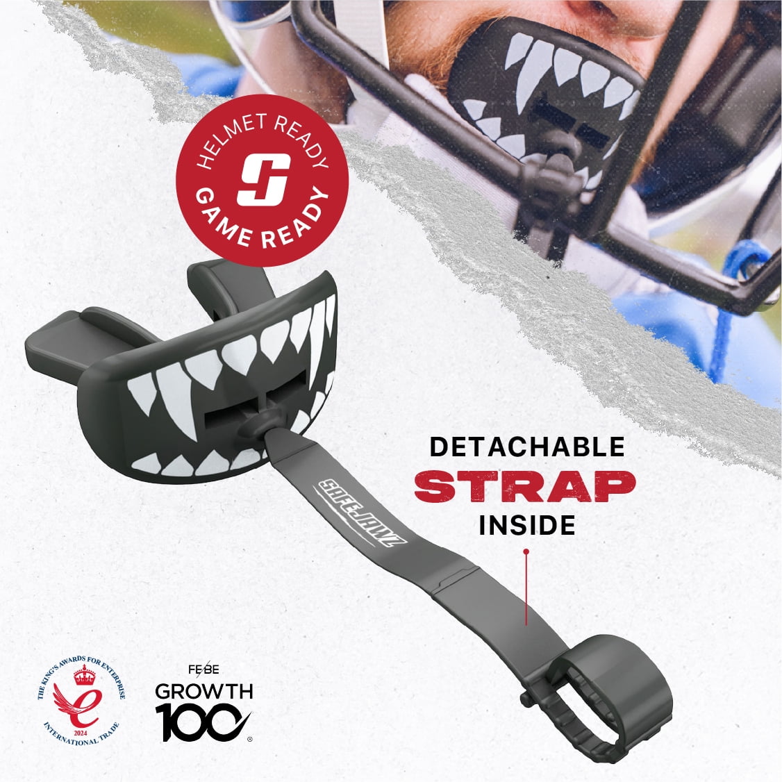 SAFEJAWZ Lip Guard Football Mouthpiece with Detachable Strap (Black Fangz, One Size) 7f0jp