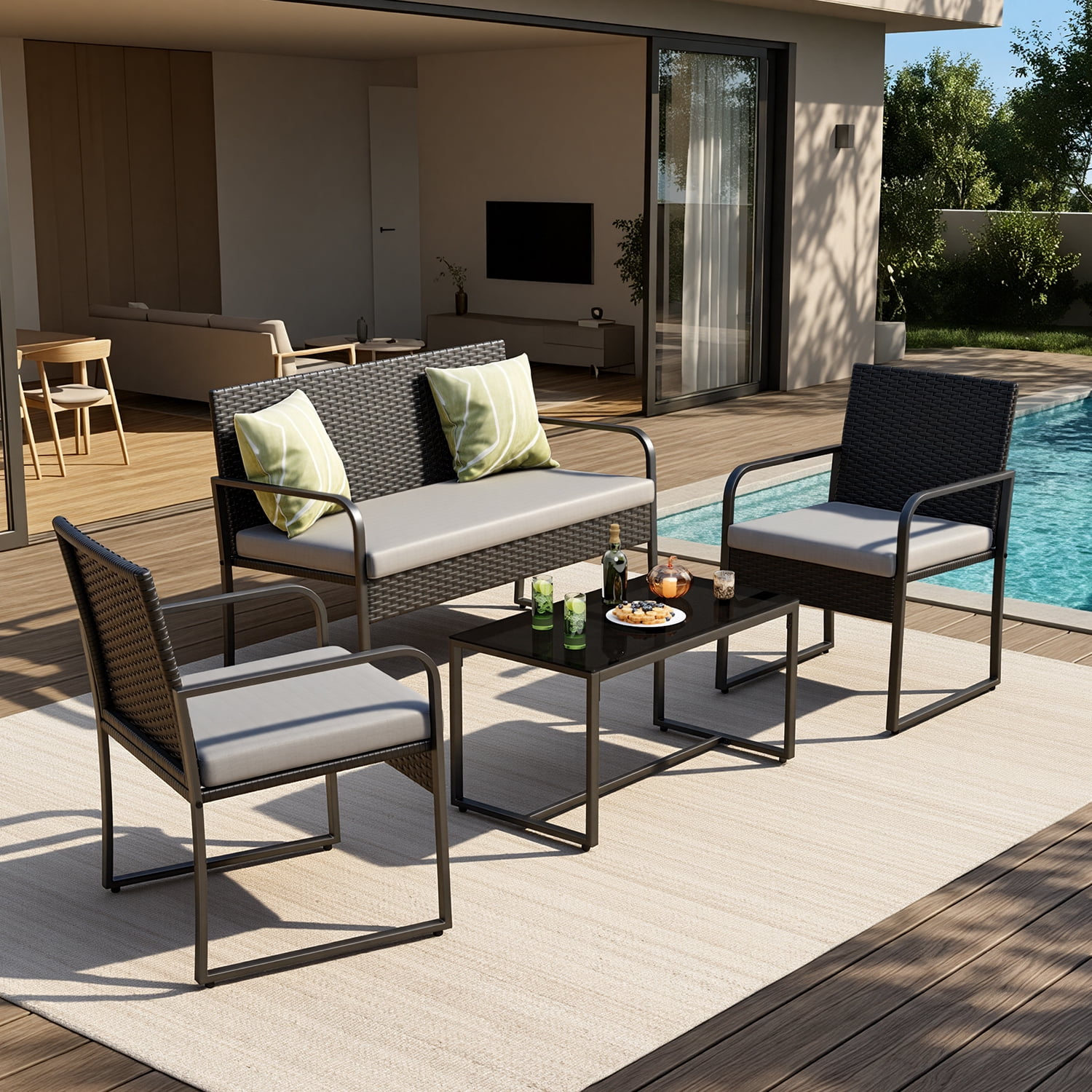 Aiho 4-Piece Patio Furniture Set All-Weather Steel Outdoor Seating with Tempered Glass Coffee Table (Dark Grey, 4-Piece) yiqm9