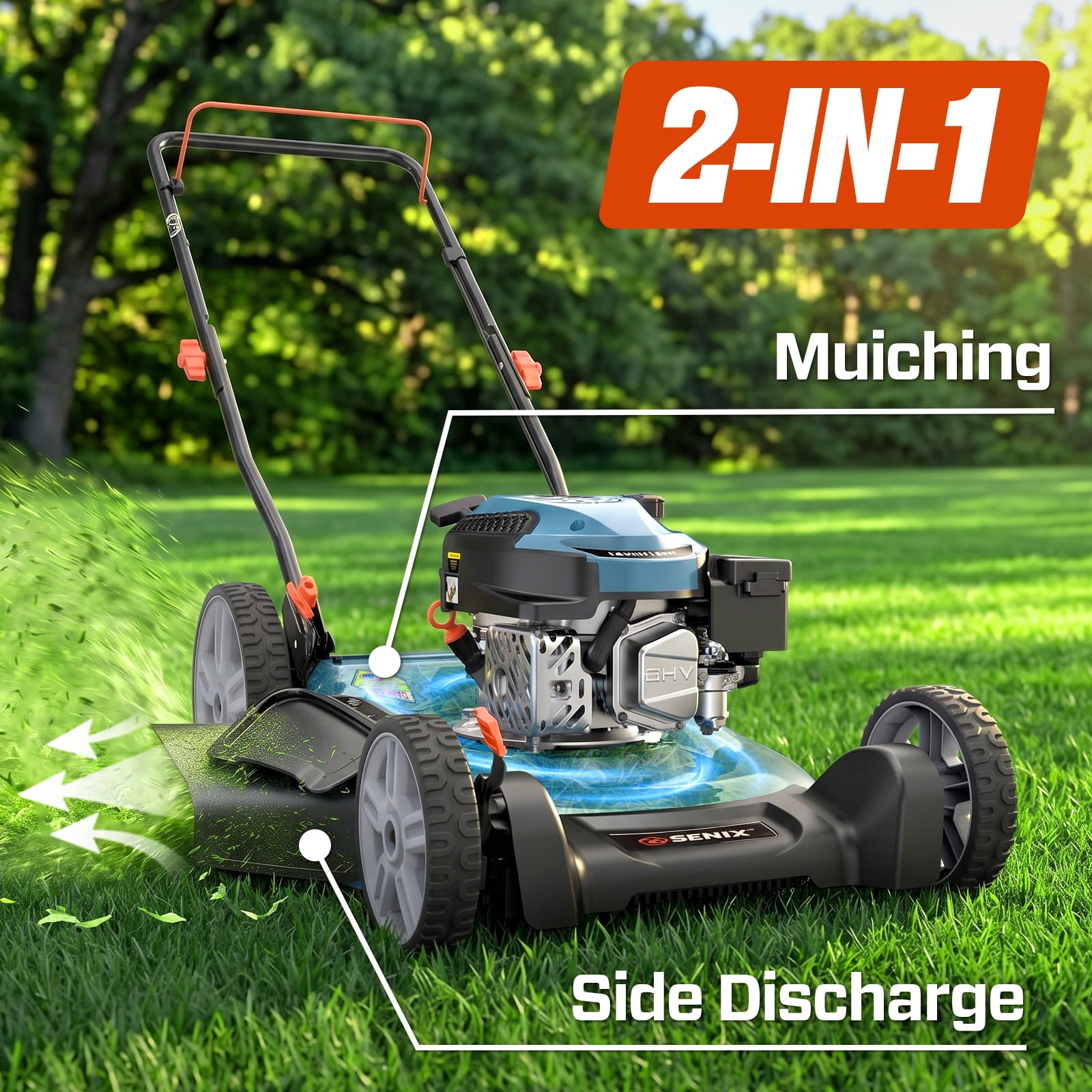 Senix 21 in Gas Lawn Mower, 144cc 4-Cycle Engine, 2-in-1 Mulching and Side Discharge, 6 Adjustable Heights yb2jx