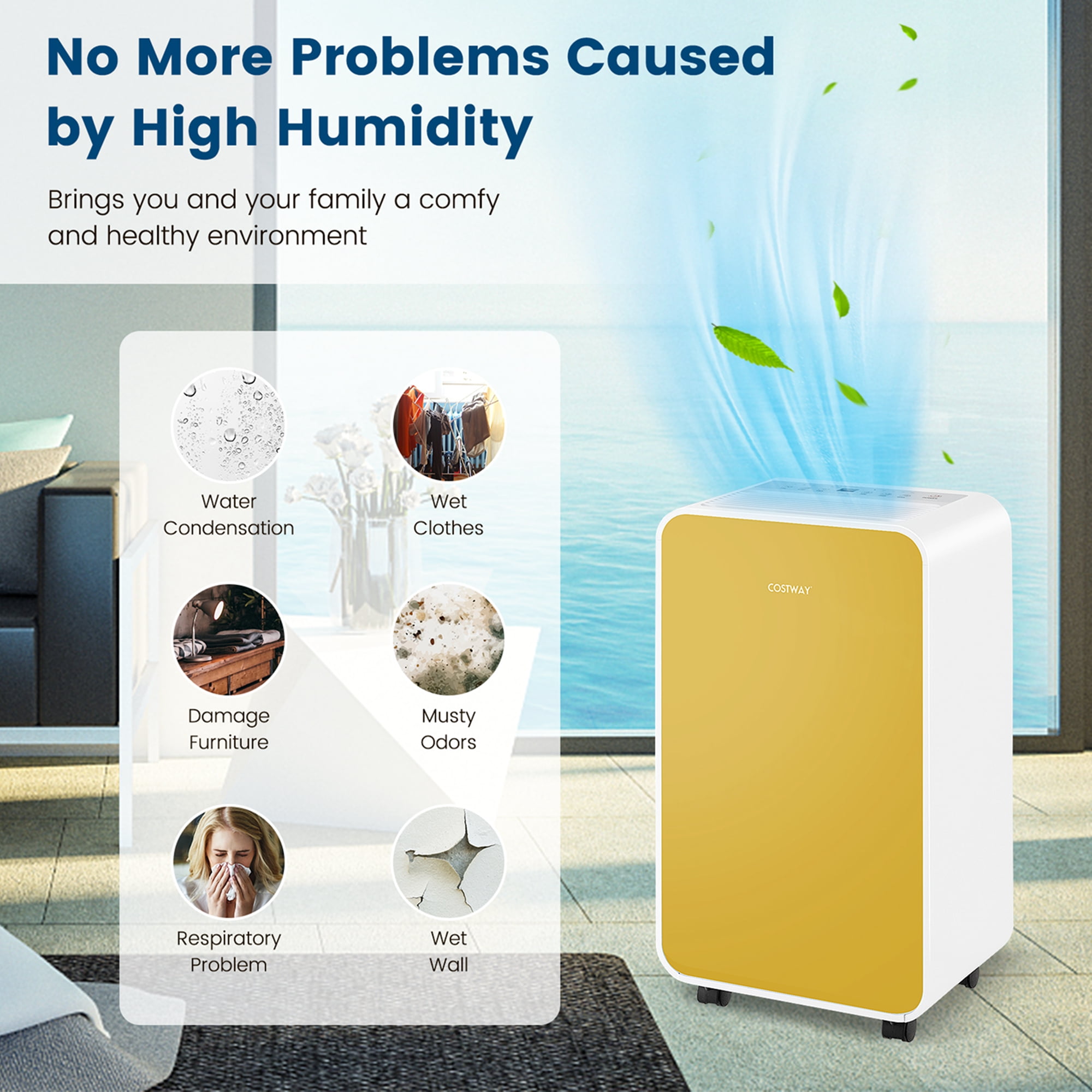 Costway 32 Pint Portable Dehumidifier for Basements and Homes (Yellow, 2500 sq ft) dk5vj