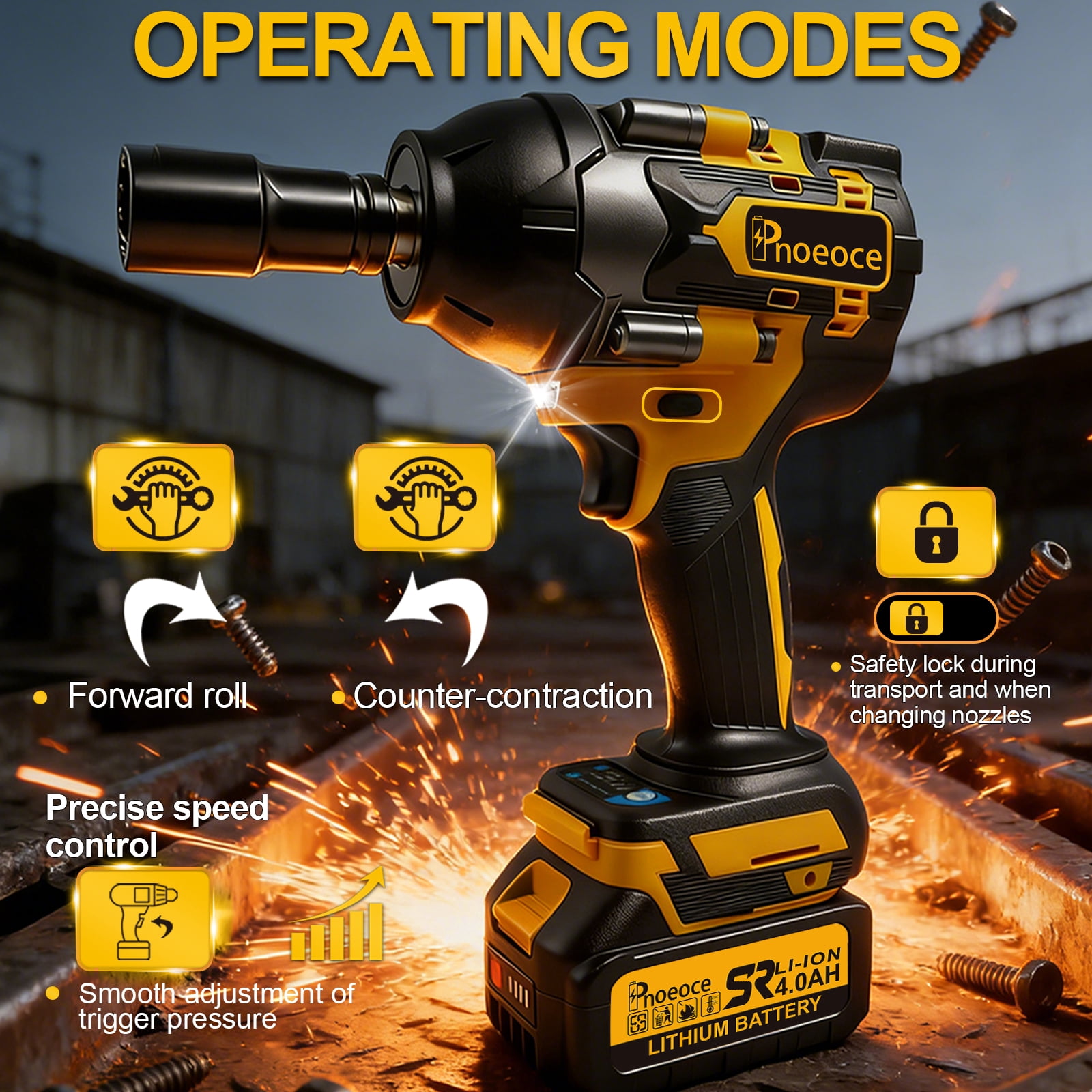 Pnoeoce Brushless Cordless Impact Wrench 20V High Torque 1/2 Inch Drive Power Tool Kit (Yellow, 2 Batteries and 4 Sockets) hq2x8