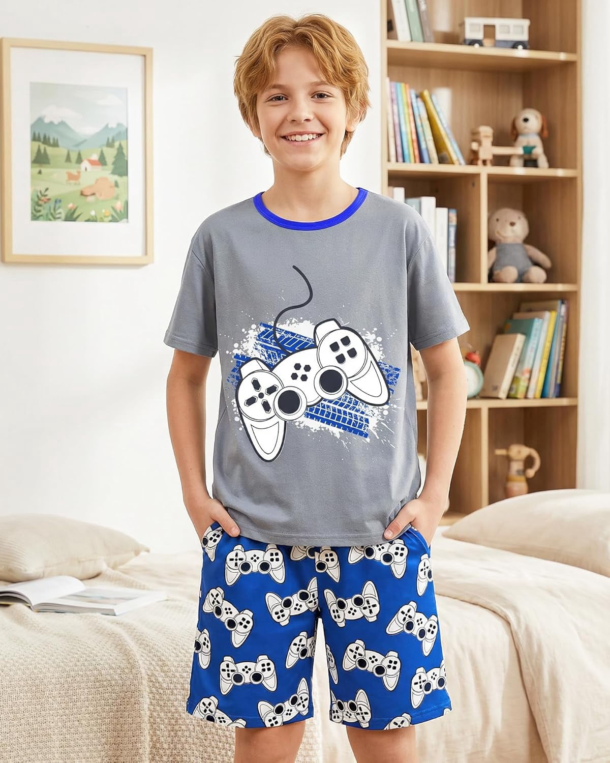 Fiodrimy Boys Summer Short Sleeve Pajama Set (Grey, Size 8-14) dmigw