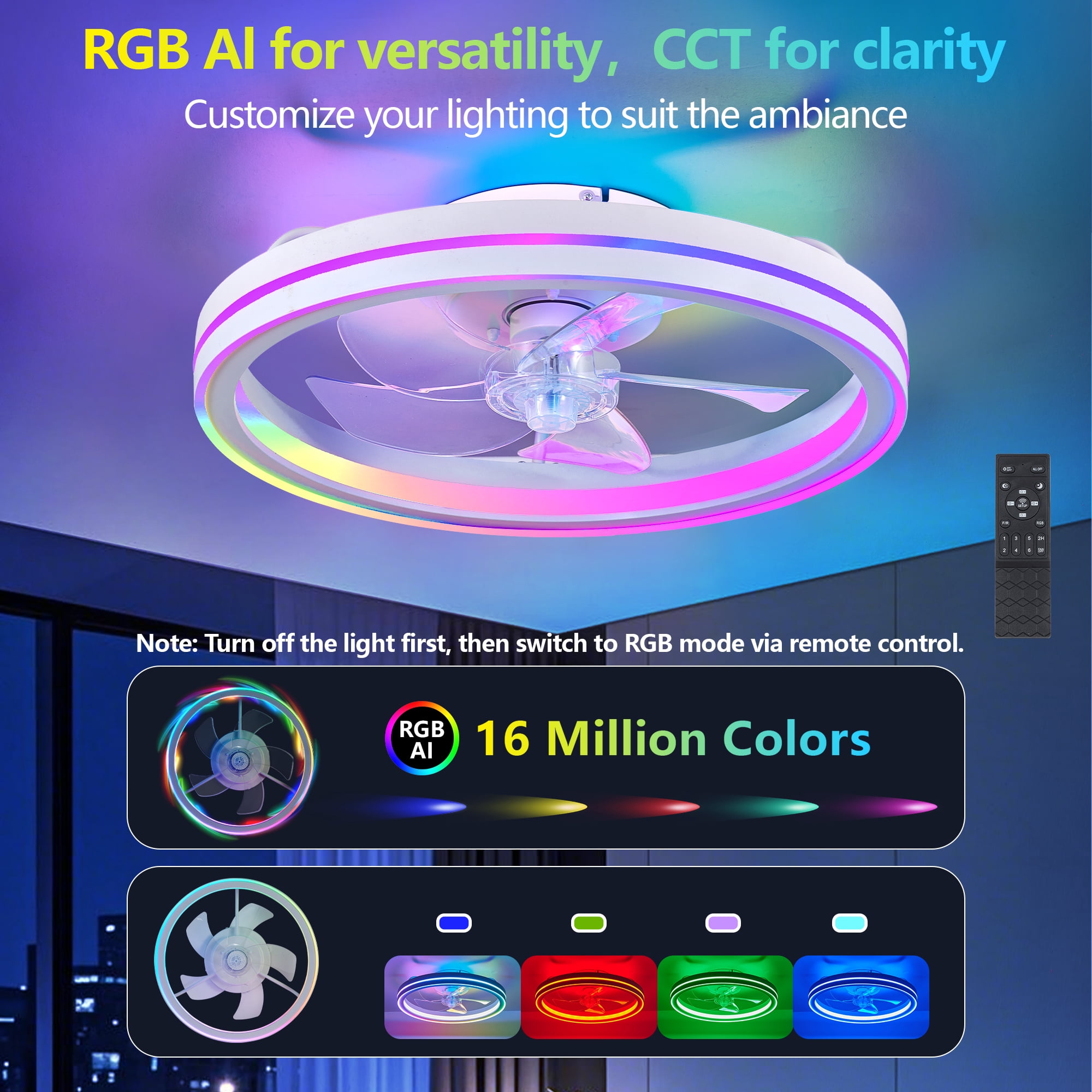 MQJIAZHI 19-inch RGB Bladeless Ceiling Fan with Light, Modern Flush Mount Fandelier with Remote and App Control (19 in) bj7uo