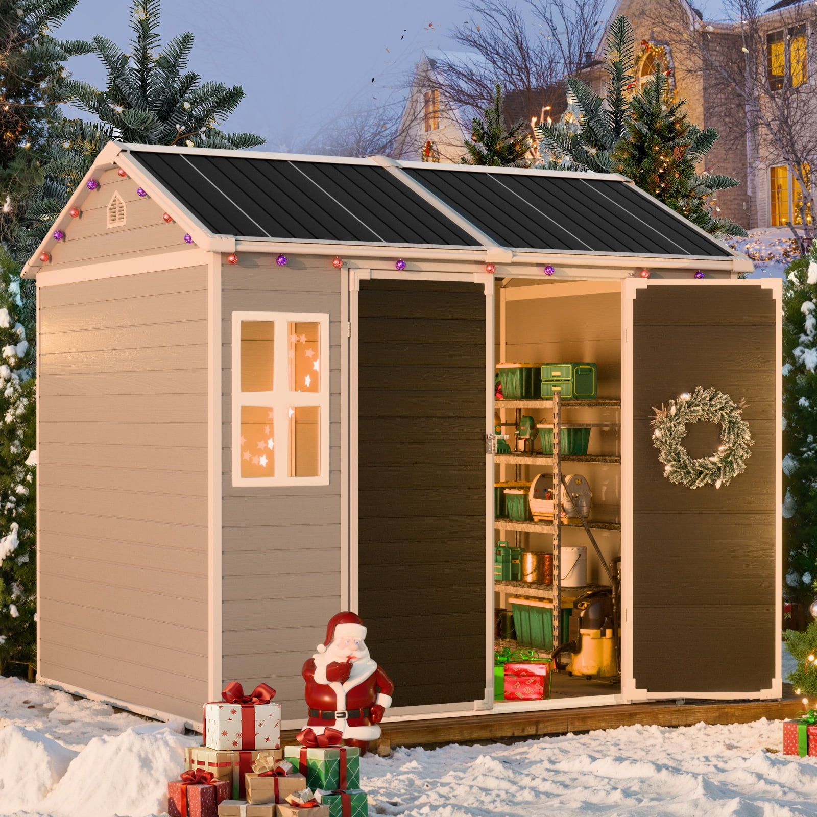 JULY'S SONG Outdoor Storage Shed with Floor, Weather-Resistant Resin Garden Tool House with Lockable Door and Windows (Grey, 8x6 ft) liaf2
