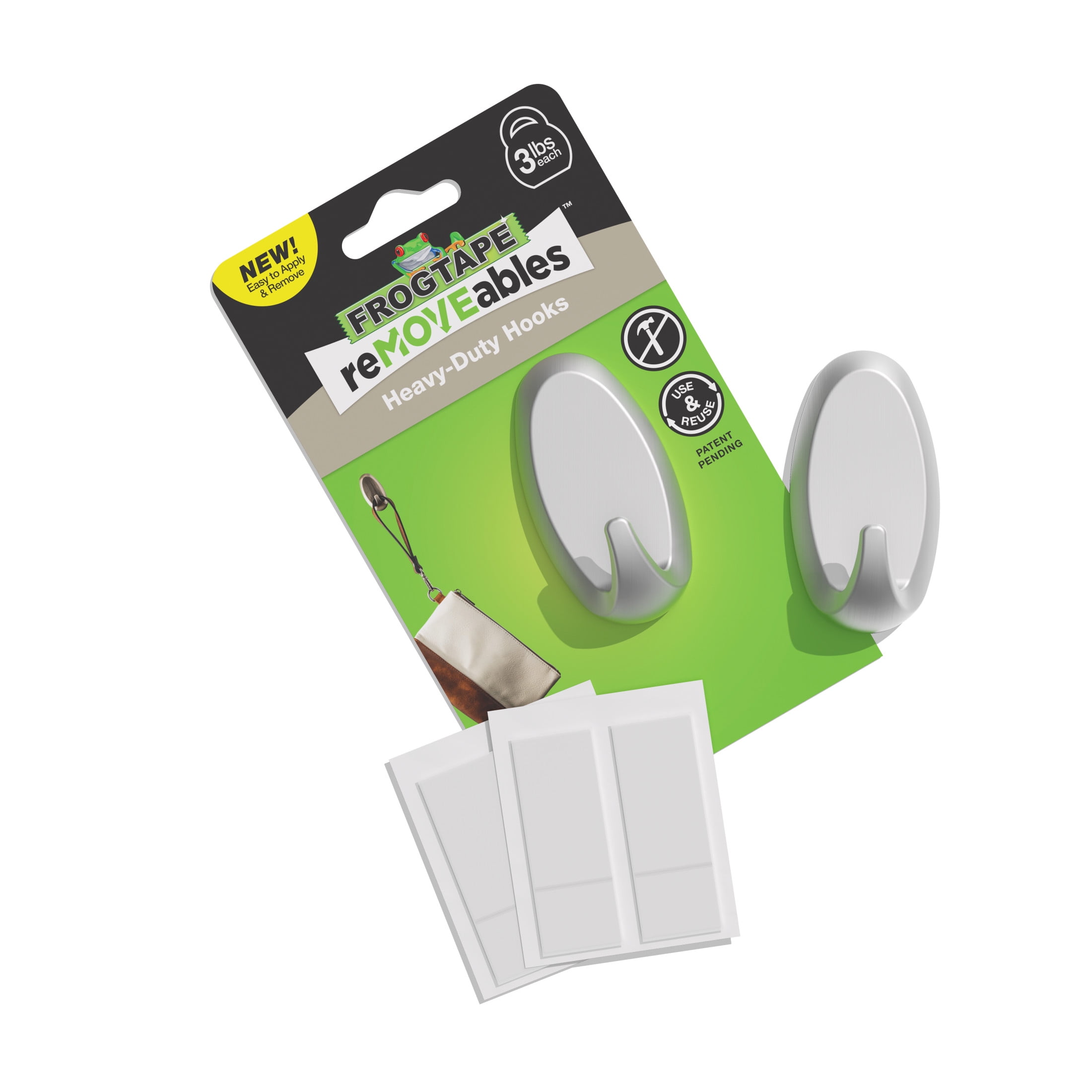 FrogTape reMOVEables Heavy Duty Wall Hooks, Brushed Nickel Finish (2 Hooks, 4 Adhesive Strips) o4xiy