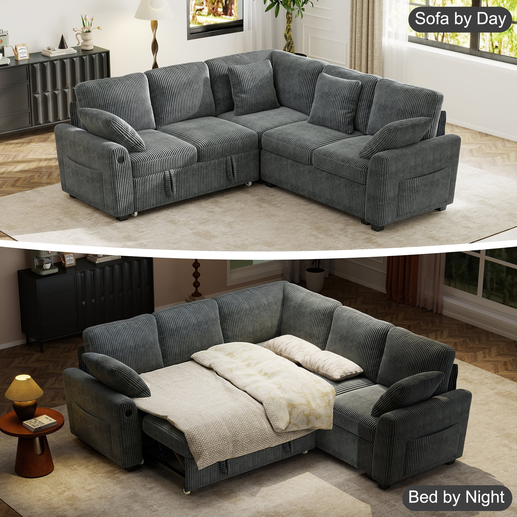 BedLuxury Sectional Sleeper Sofa with Pull-Out Bed, Storage, and USB Charging (Corduroy Gray, 83 in) hox21
