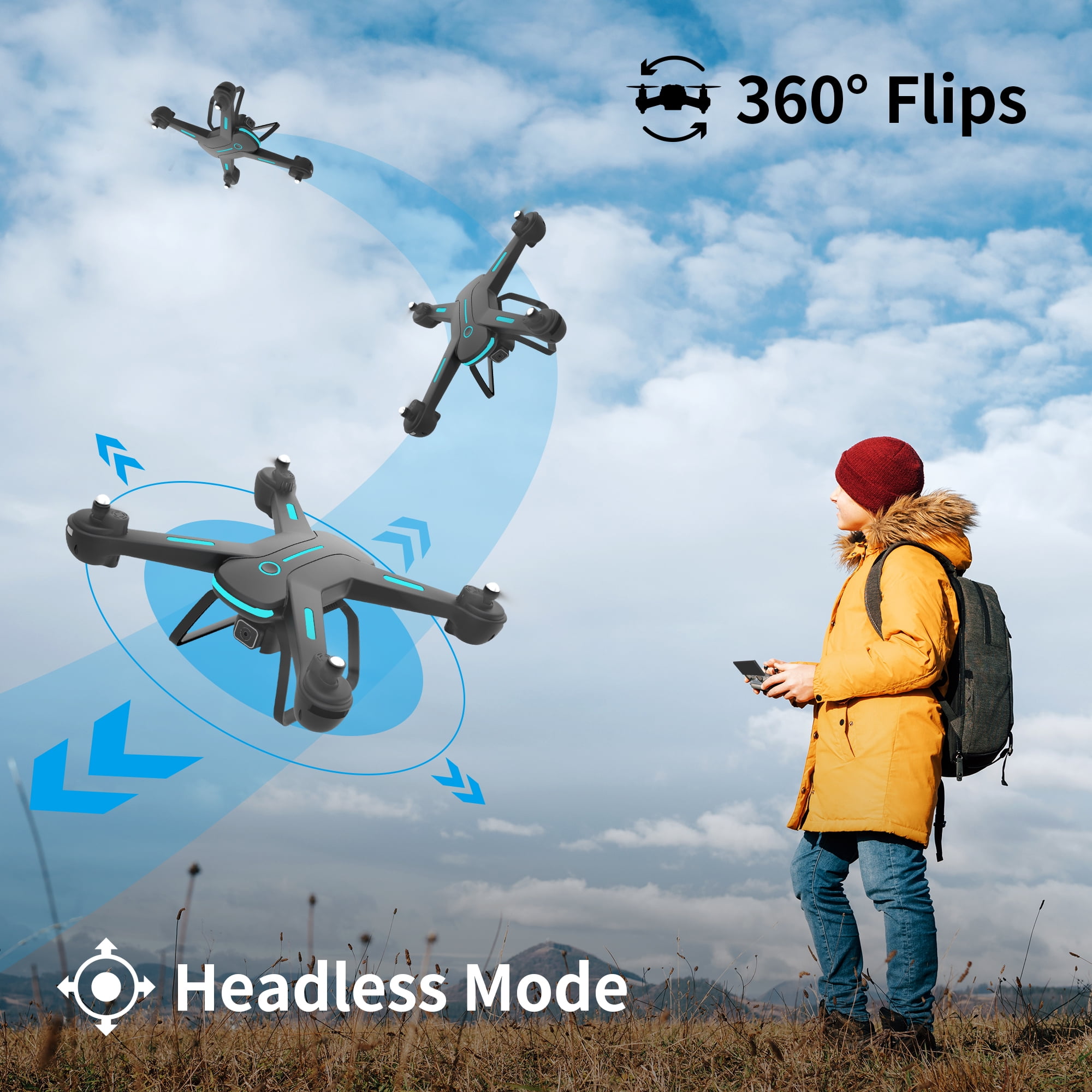 WEFONE JY03 Drone with 1080P HD Camera, FPV RC Quadcopter with Optical Flow Sensor and LED Lights (Black, 2 Batteries) rrupb