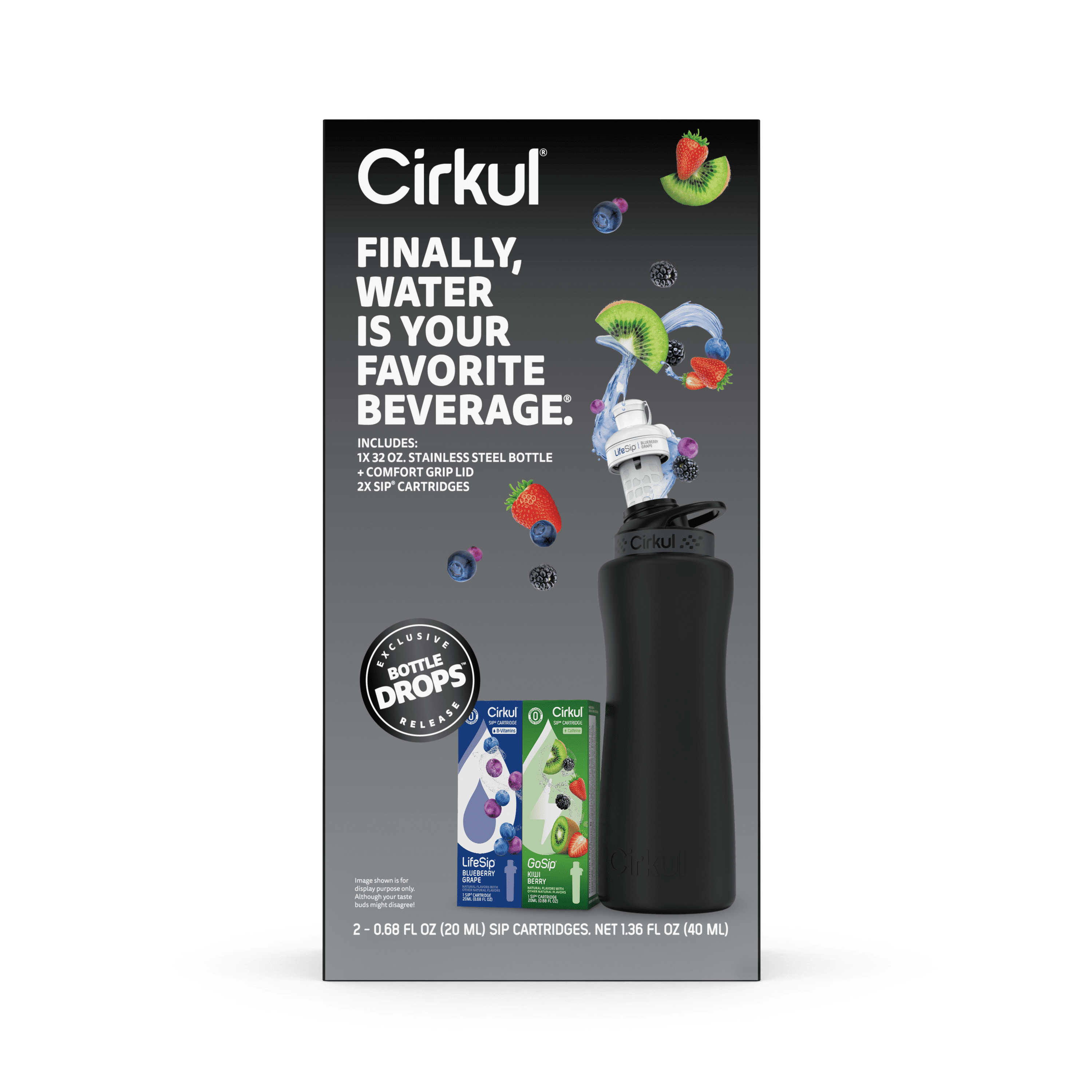 Cirkul Stainless Steel Water System Starter Kit with Flavor Dial and 2 Cartridges (Matte Black, 32 oz) wuczt