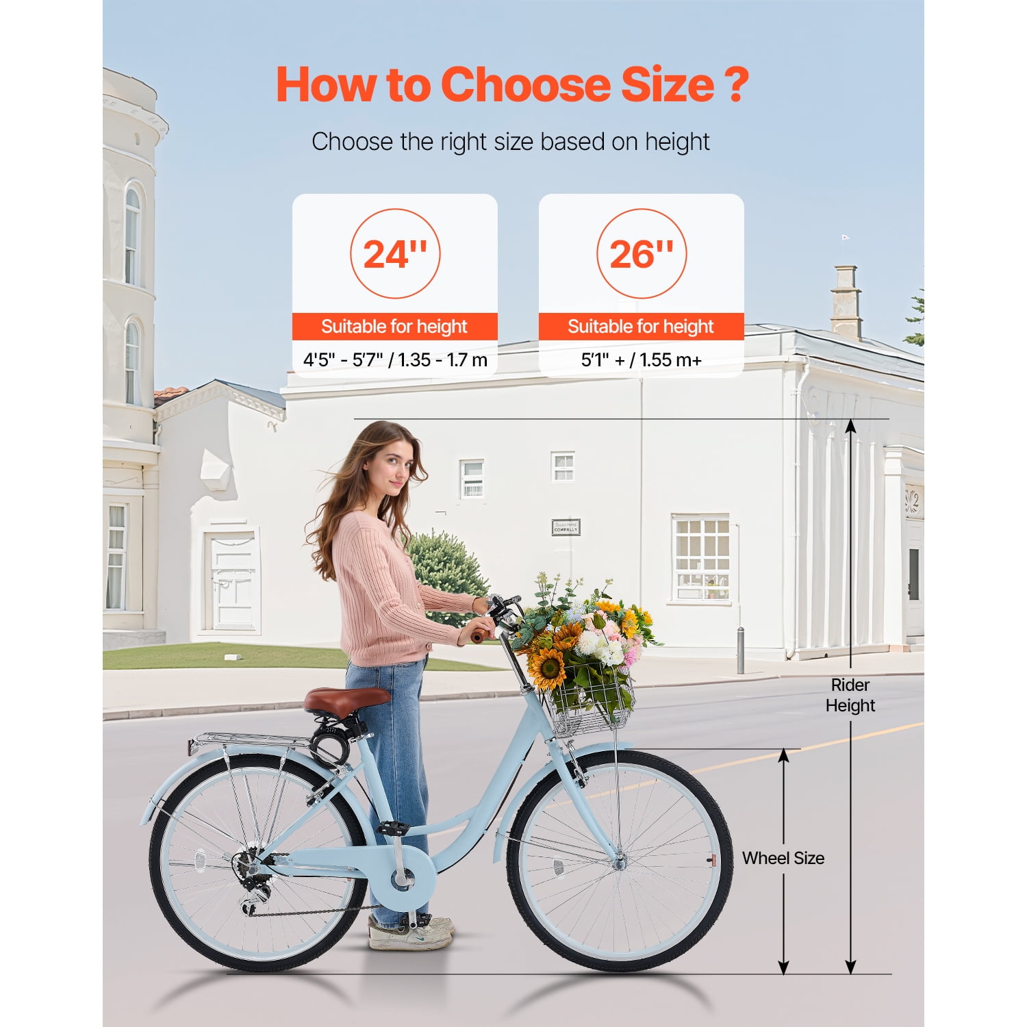 KFFKFF 26 in Cruiser Bike, 7-Speed Coastal Bicycle with Basket and Rear Rack (Pale Blue, 26 in) pbm3a