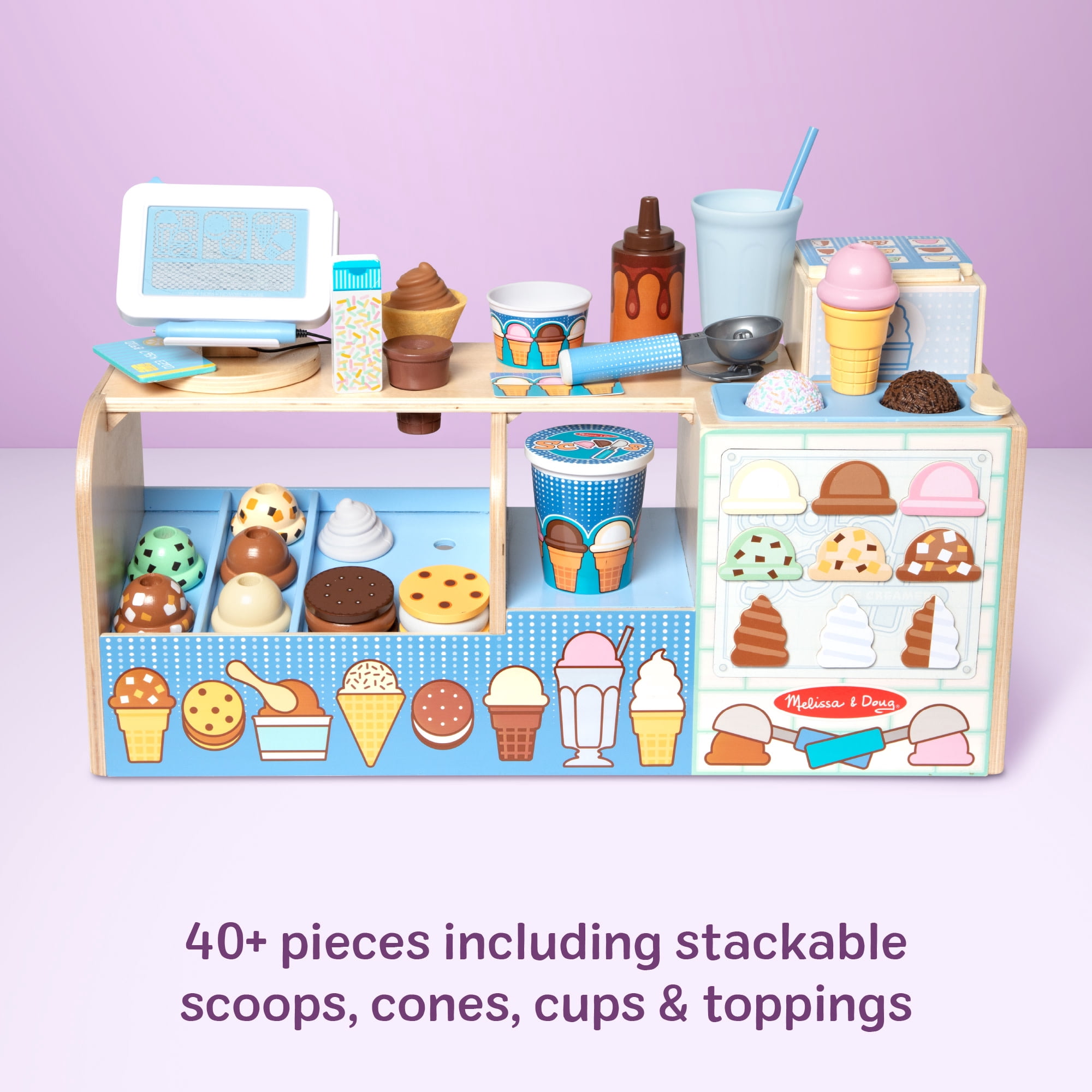 Melissa & Doug Cool Scoops Ice Creamery Wooden Play Counter with Pretend Food Set (15 in x 10 in x 8 in) emb42