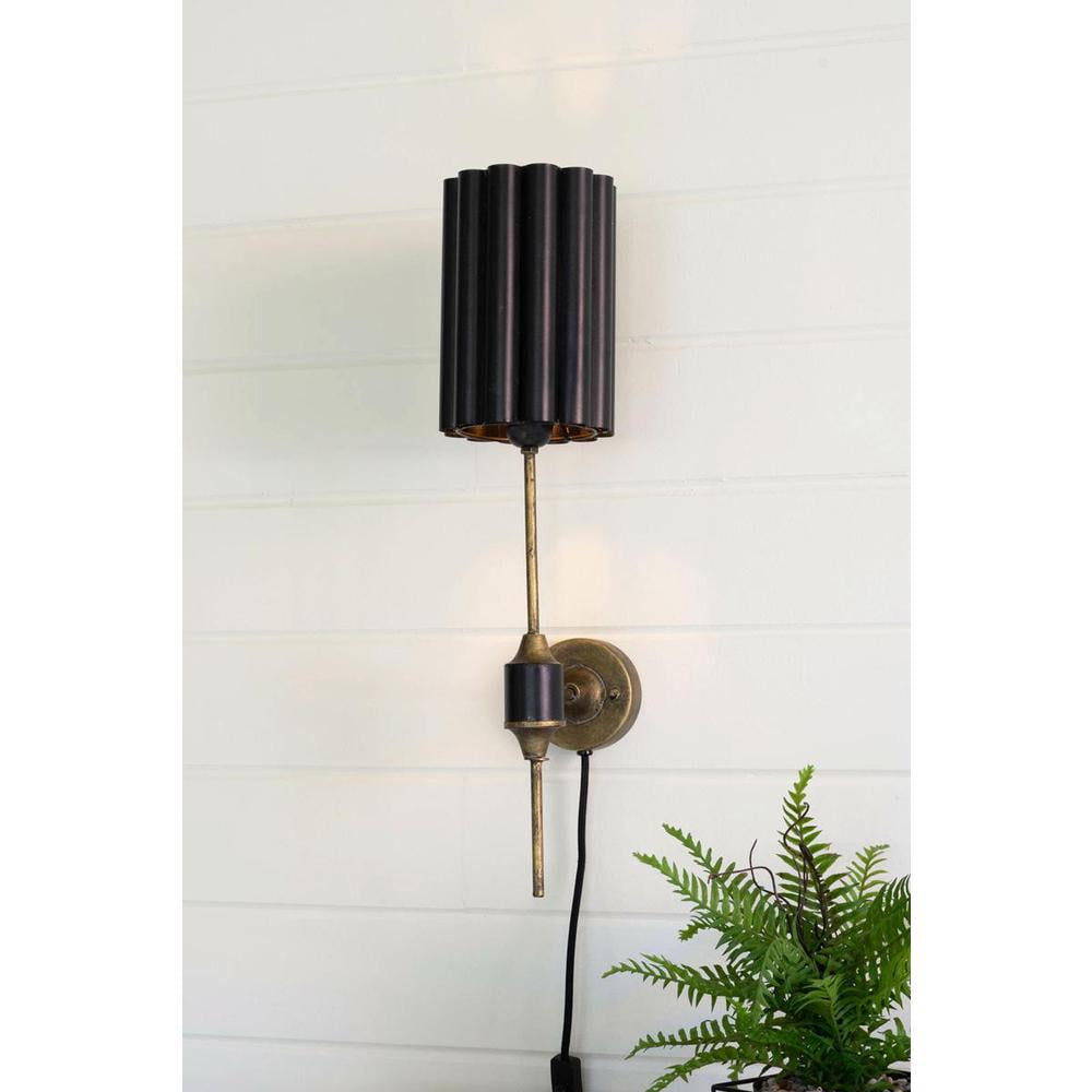 Kalalou Antique Gold Floor Lamp with Fluted Black Metal Shade (60 in) eka2u