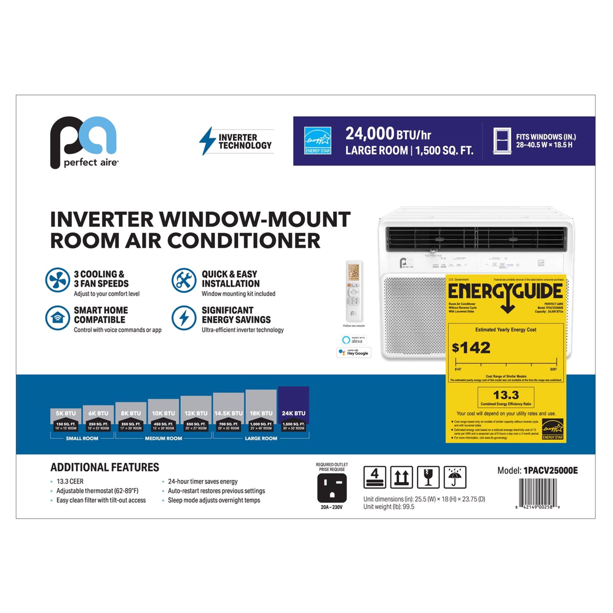 Perfect Aire 25000 BTU Window Air Conditioner with Remote Control (White, 1500 sq ft) 1etxn