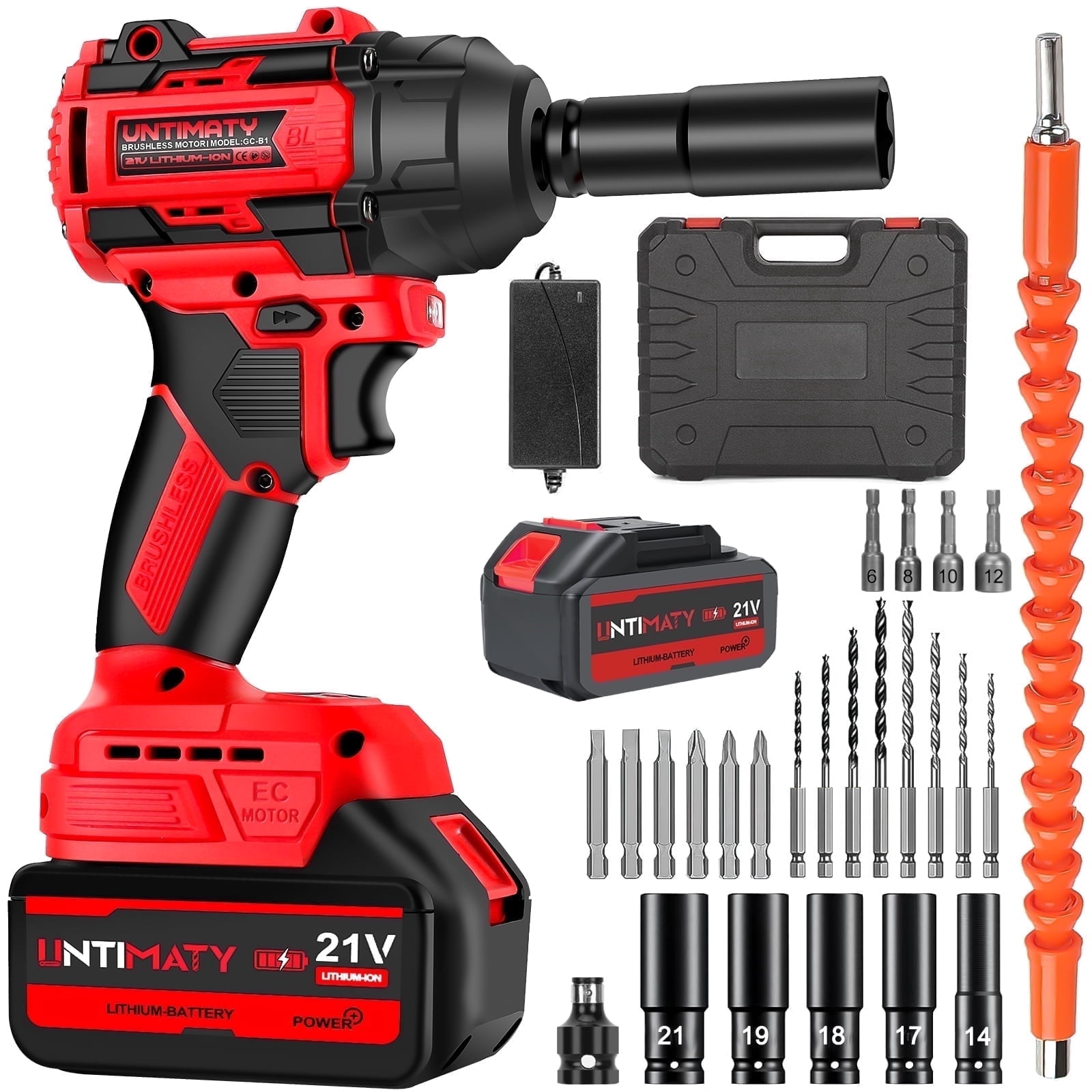 UNTIMATY Brushless Impact Wrench 1/2-inch Cordless Power Tool Set with 4.0Ah Battery (Red, 23-Piece Kit) zcqgl