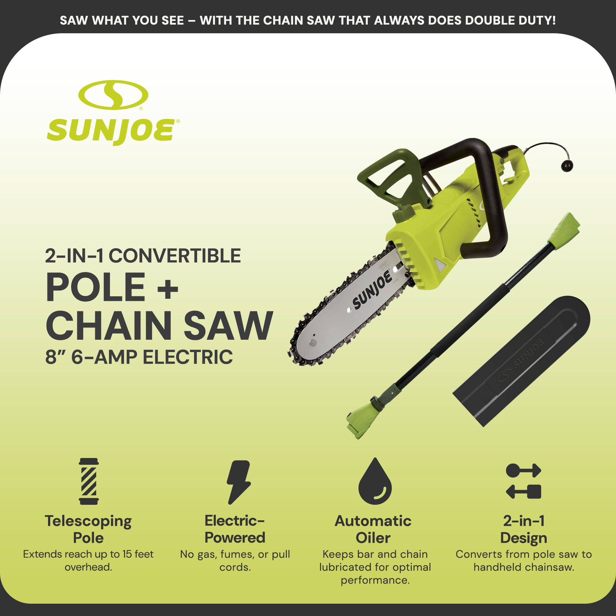 Sun Joe 8 Inch Electric Convertible Pole Chain Saw, 2-in-1 Telescoping Tree Trimmer (Green, 8.9 ft) wje7l