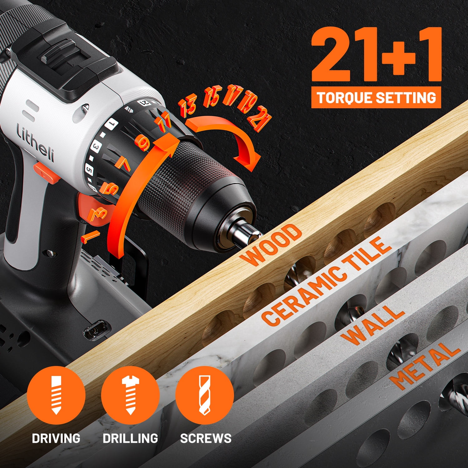 Litheli 20V Cordless Drill Driver (1/2 in Chuck, 2.0Ah Battery, 442 in-lb Torque) 3wpql