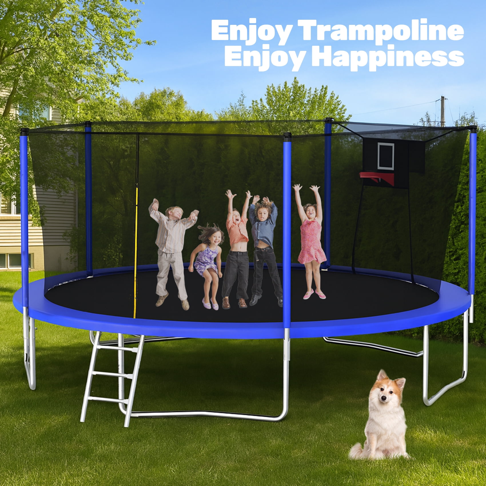 Alvantor 14 ft Round Trampoline with Basketball Hoop and Safety Enclosure Net (Blue, 14 ft) 20elx