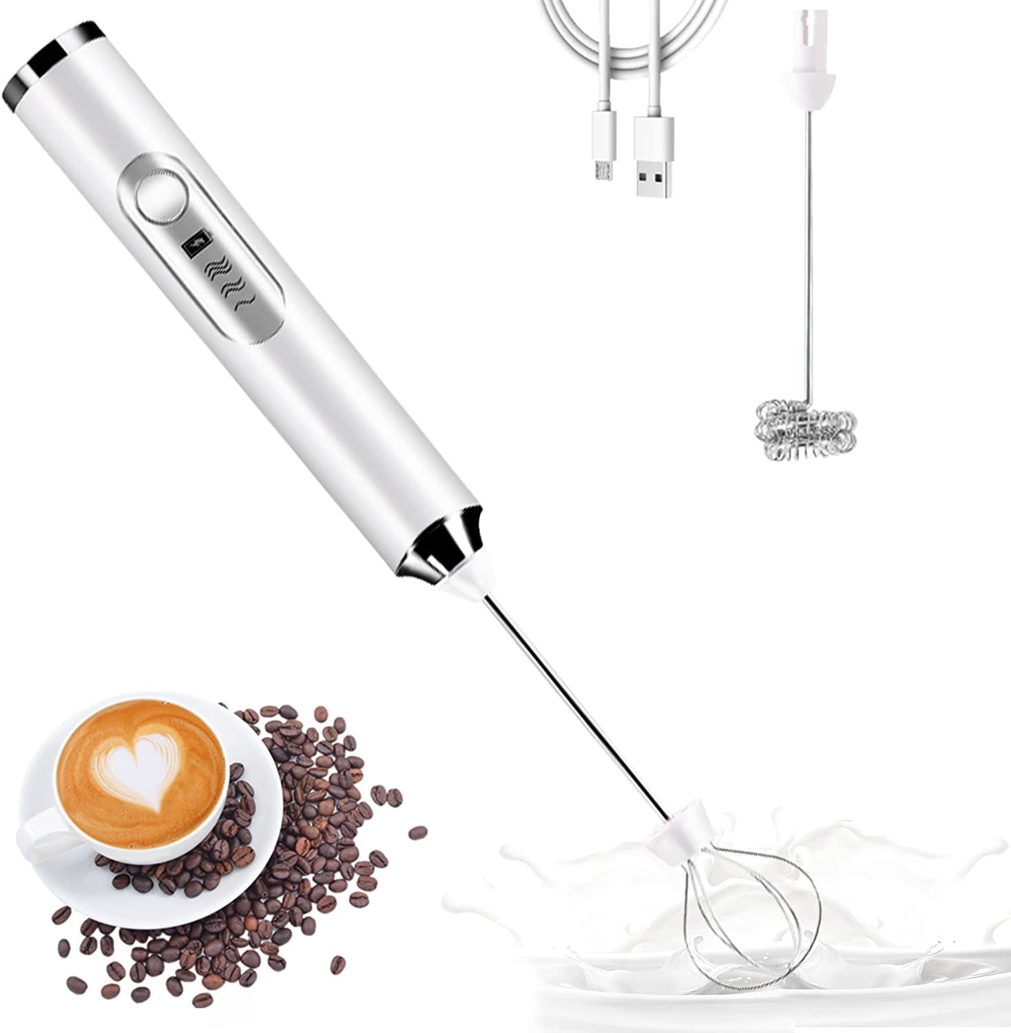 BN-LINK Handheld Milk Frother USB Rechargeable Electric Whisk Mixer with 2 Stainless Steel Heads (White, 9.25 in) s7kg7