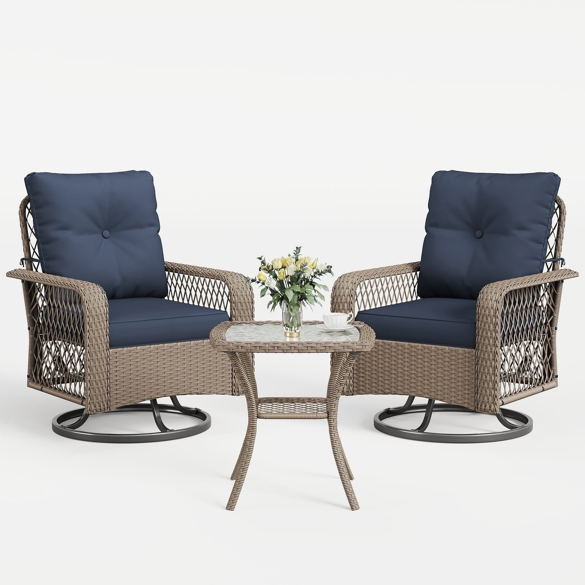 POTEBAN 3-Piece Outdoor Patio Furniture Set, Swivel Rocker Chairs with Glass Top Side Table (Navy Blue, 3-Piece Set) o9wgd