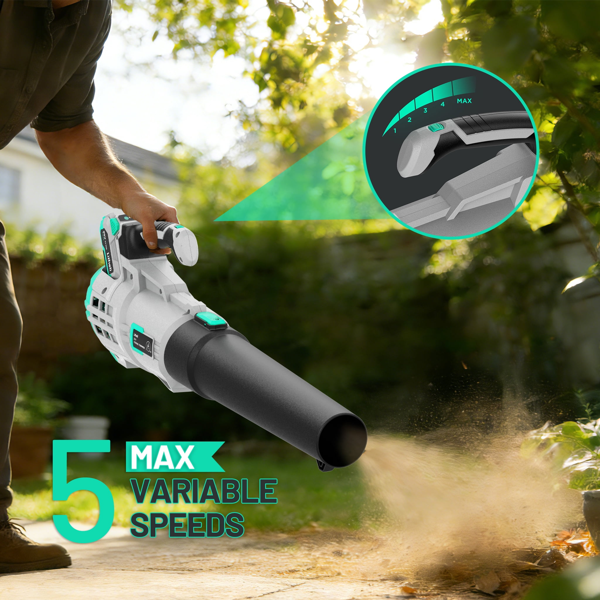 Litheli 20V Cordless Leaf Blower, 350CFM 2-Speed Turbine Electric Blower for Lawn and Yard Maintenance (4.0Ah Battery and Charger Included) 9bjkt