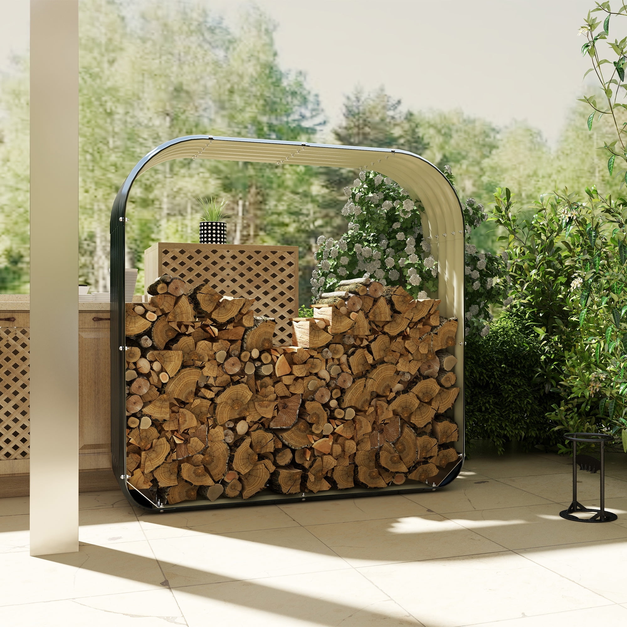 Outsunny Galvanized Steel Firewood Shed, Outdoor Log Storage Rack with Protective Rubberized Edges (Dark Gray, 57.1 in x 16.9 in x 57.1 in) ylzyj