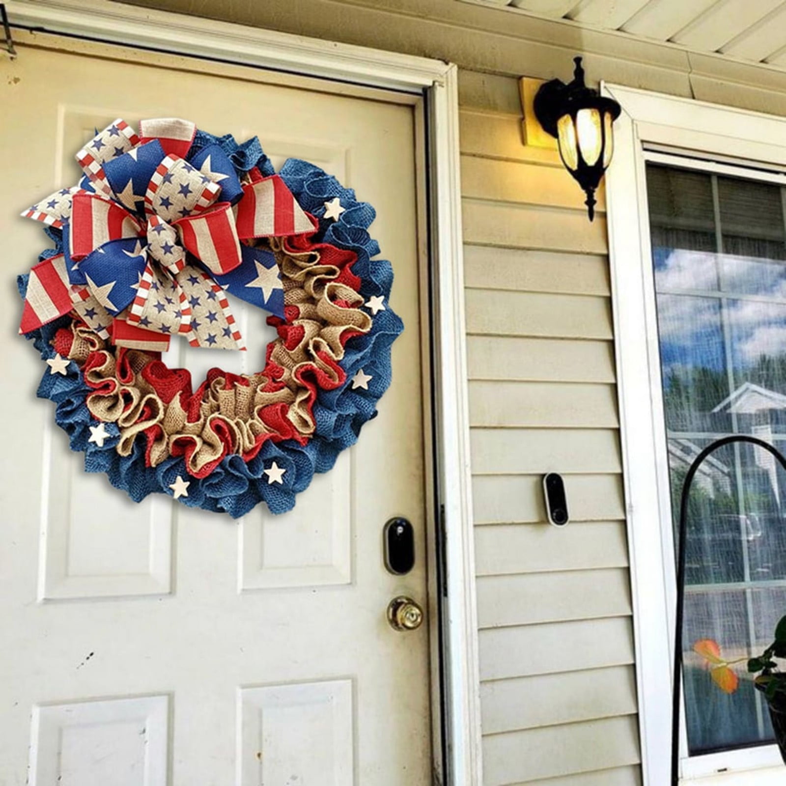 IUAMXWU Patriotic Burlap Wreath, American Flag Bow Ruffled Decor for Front Door (Red, 16 in) p3bnx