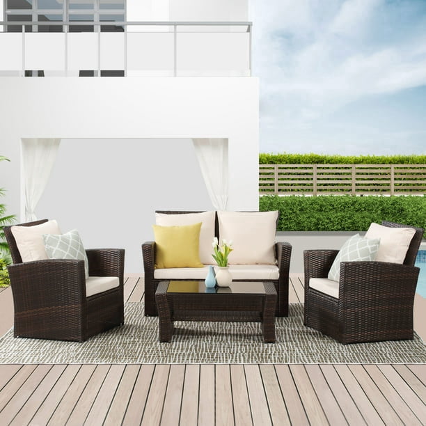 Cozy Home 4-Piece Rattan Outdoor Patio Furniture Set, Wicker Conversation Sofa and Coffee Table (Brown, 4-Piece Set) blo4v