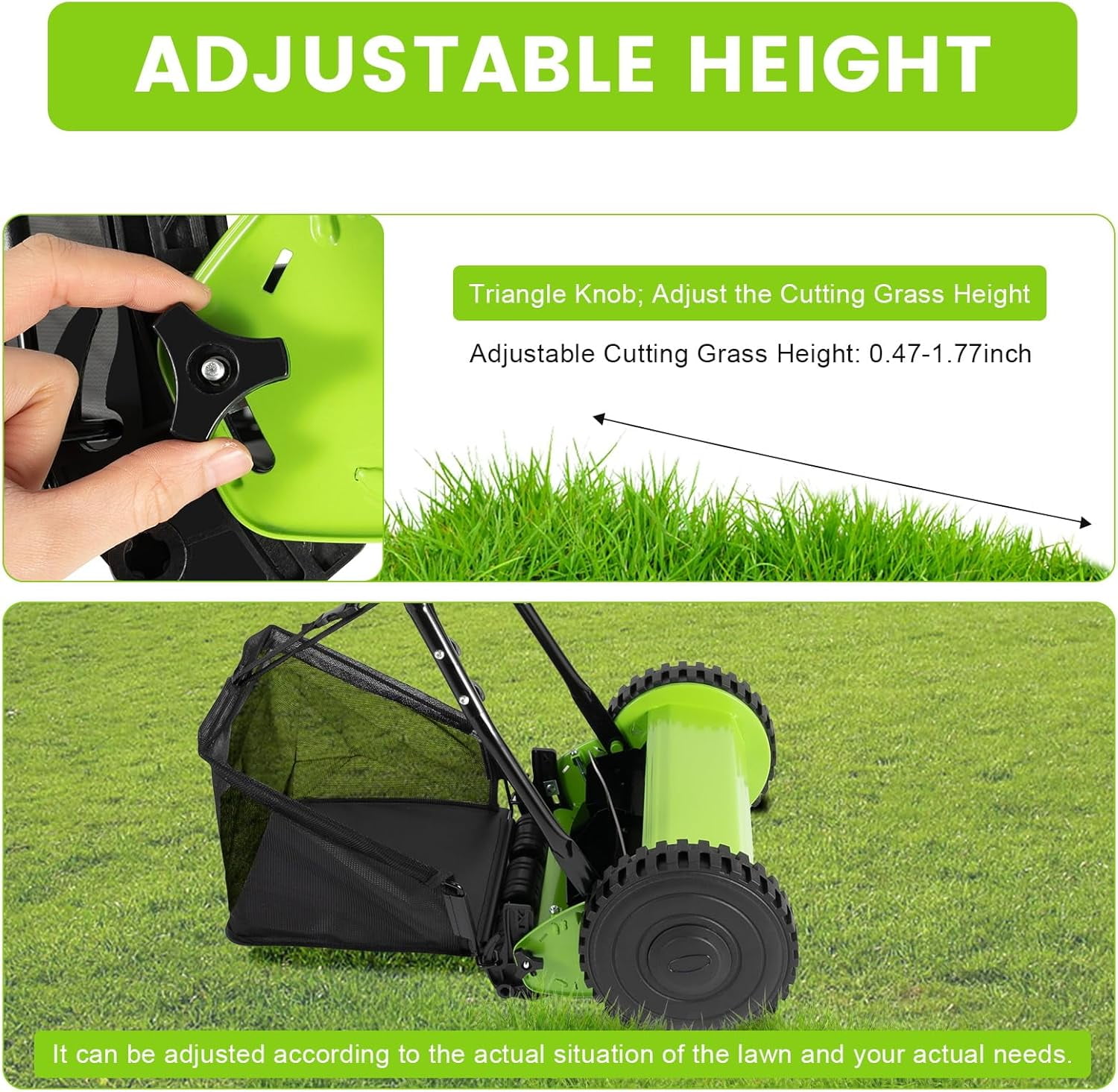Generic Manual Lawn Mower Push Reel Grass Cutter with Adjustable Height and Collection Bag (Green, 12 in) lfryg