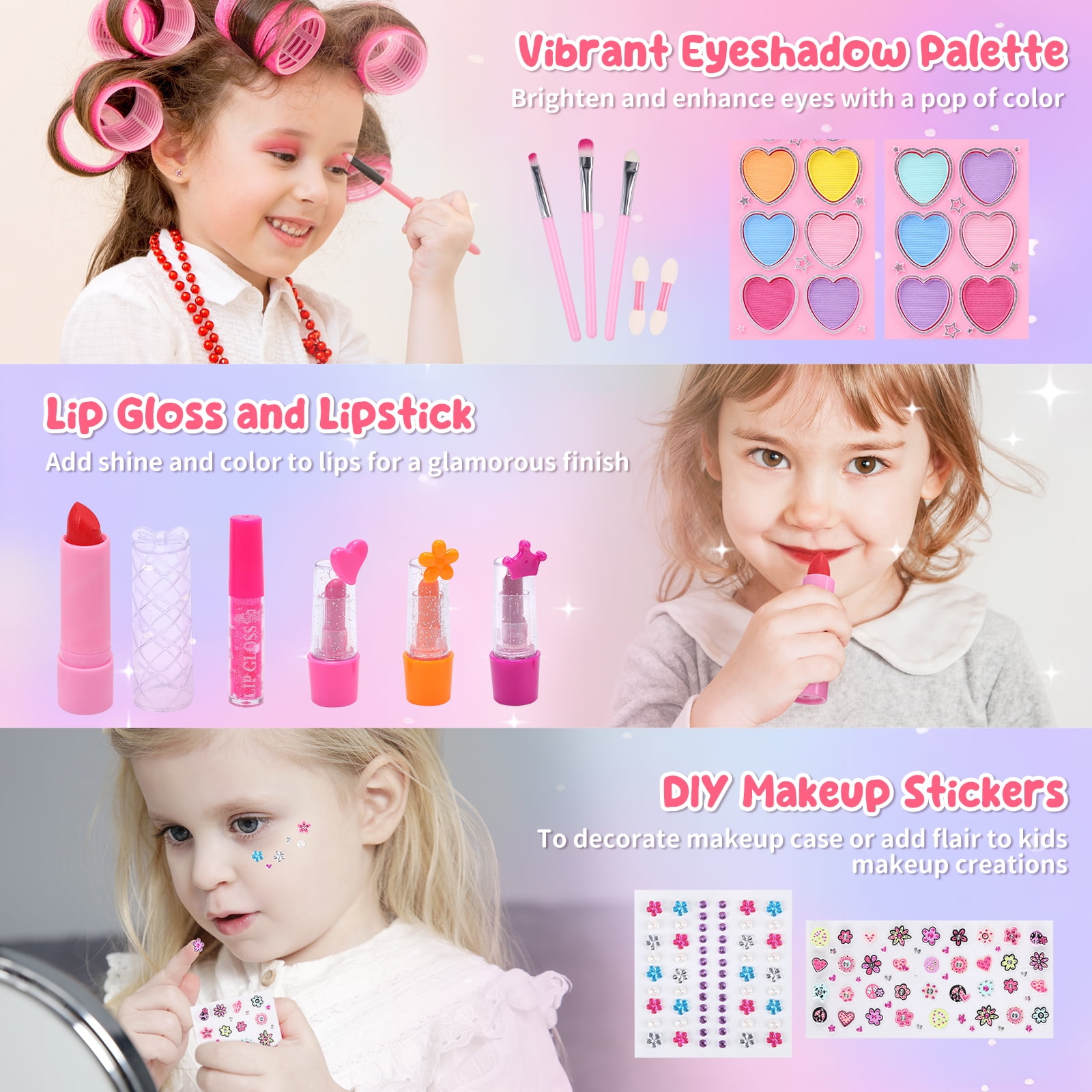 JoyStone Kids Washable Makeup Kit, Pretend Play Vanity Set with Carrying Case (Pink, 62-Piece Set) 6yhxu