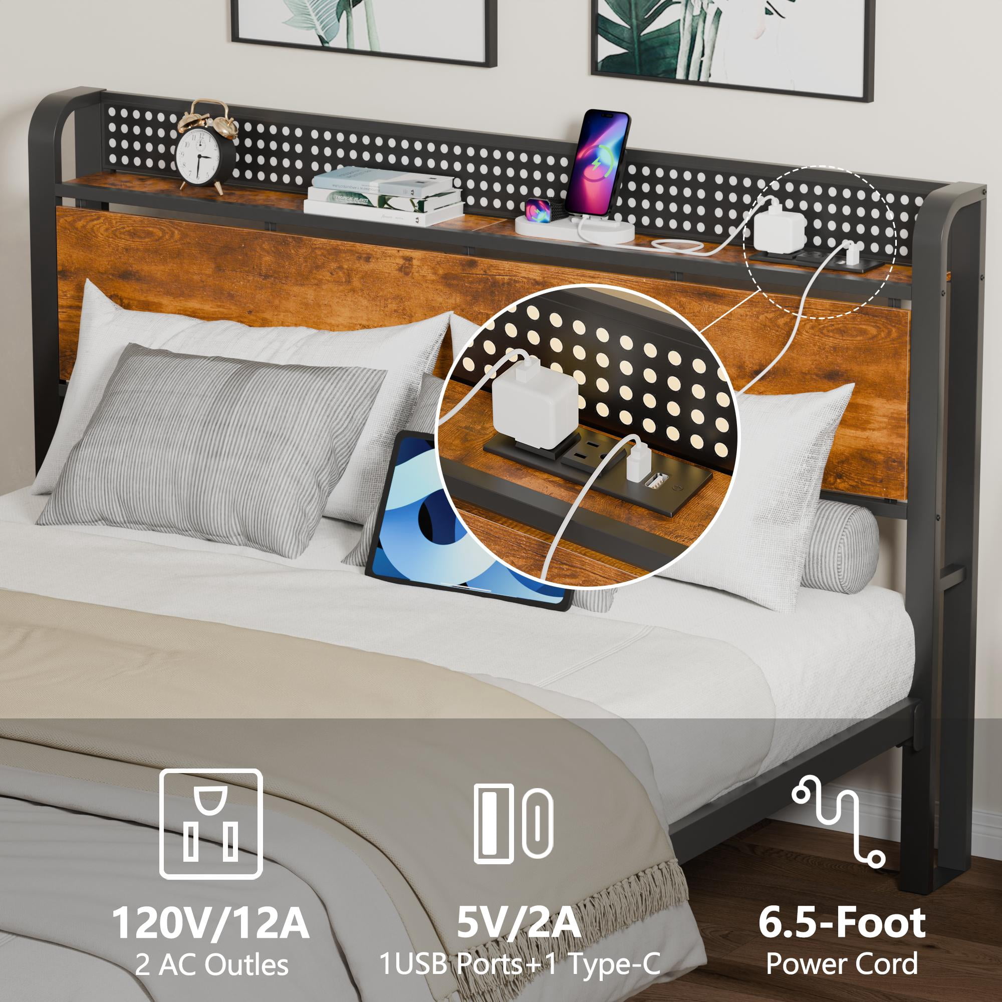 Satifur LED Platform Bed Frame with Storage Headboard and Charging Station (Rustic Brown, Queen) yyjtq - Image 8