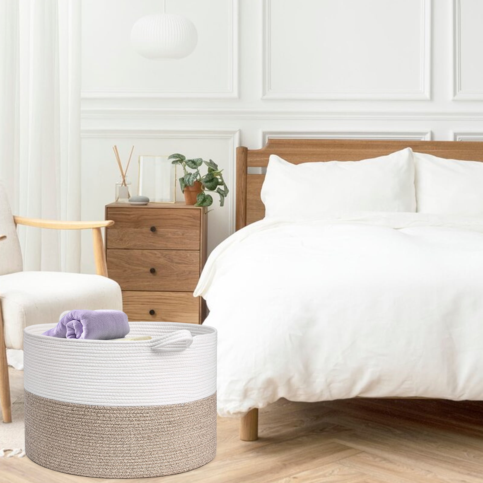 TINANA Large Woven Storage Basket with Handles for Organizing (White, 18 in x 15 in) urstf
