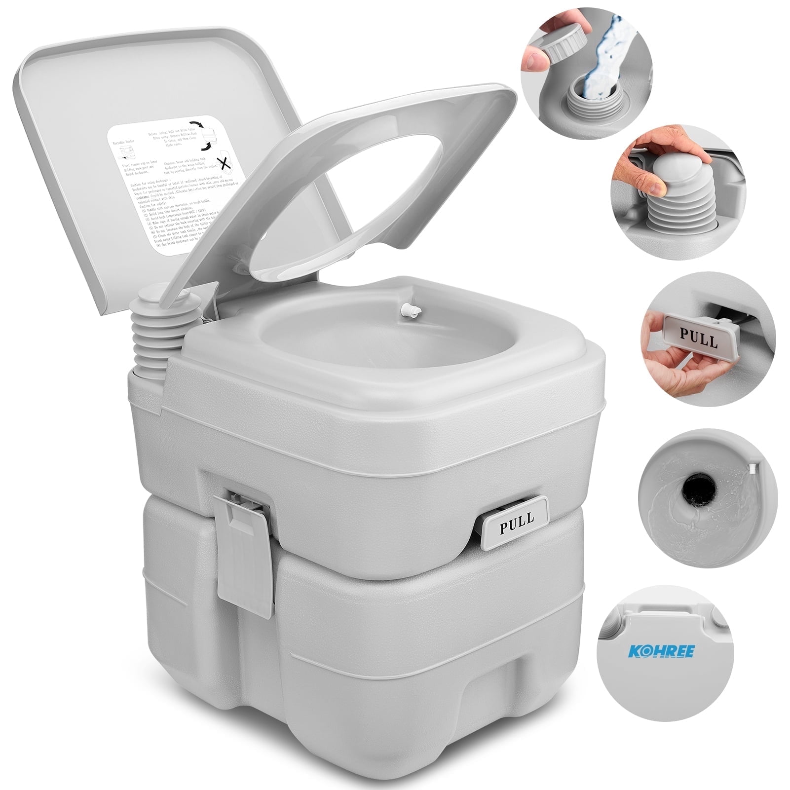 Kohree Portable Travel Toilet for Camping and RV (Grey, 5.3 Gallon) z2afx