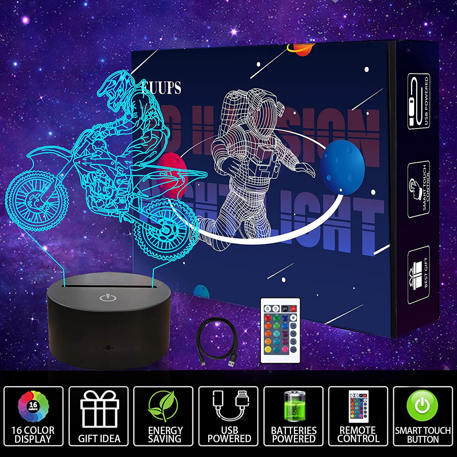 Ysitian Motocross 3D LED Night Light Illusion Lamp for Kids Bedroom (Black, 1 Pack) etfuv