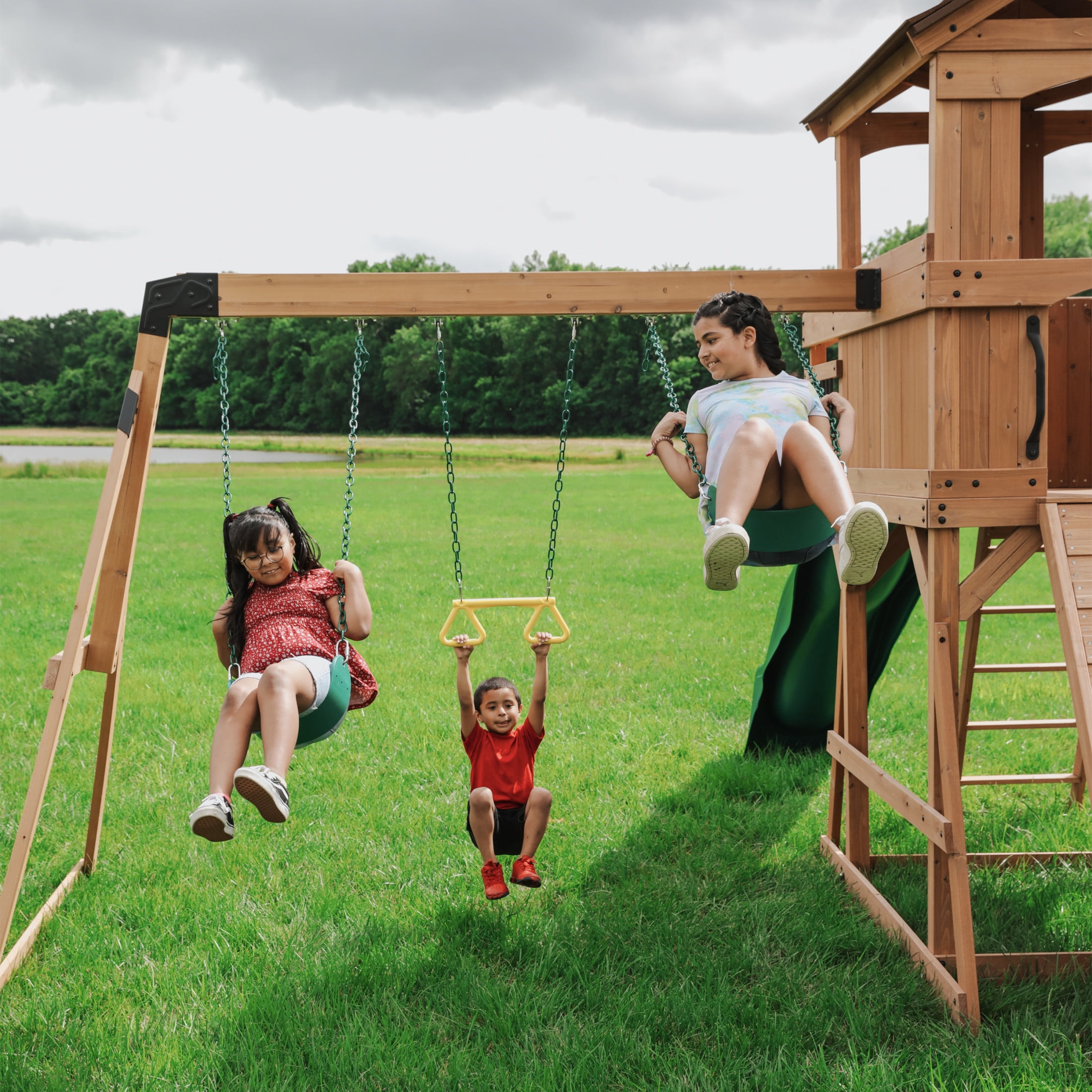 Backyard Discovery Sterling Point Cedar Wood Swing Set with Clubhouse, Slide, and Bridge (Brown, 19 ft x 13 ft) n73lz