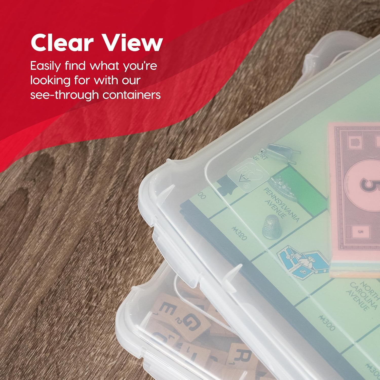 IRIS USA Board Game and Craft Storage Box with Snap-Tight Latch Lid (Clear, 4 Pack) nfuvs