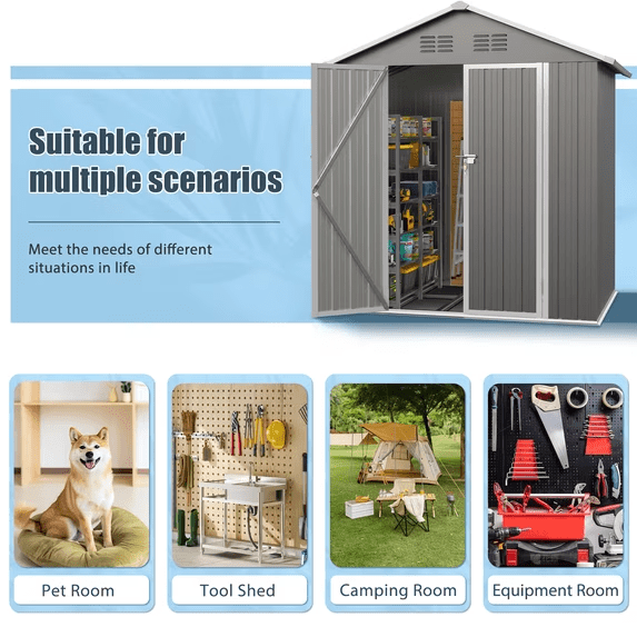 Enyopro Outdoor Storage Shed, Galvanized Metal Garden Tool Shed with Lockable Double Doors and Sloped Roof (Gray, 6 ft x 4 ft) p6ius