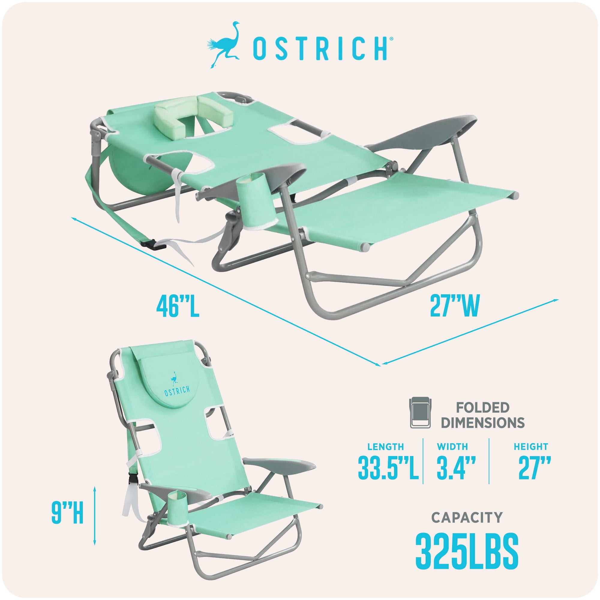 Ostrich On-Your-Back Outdoor Reclining Beach Chair with Face Cavity (Teal, 46 in x 27 in) q99kn
