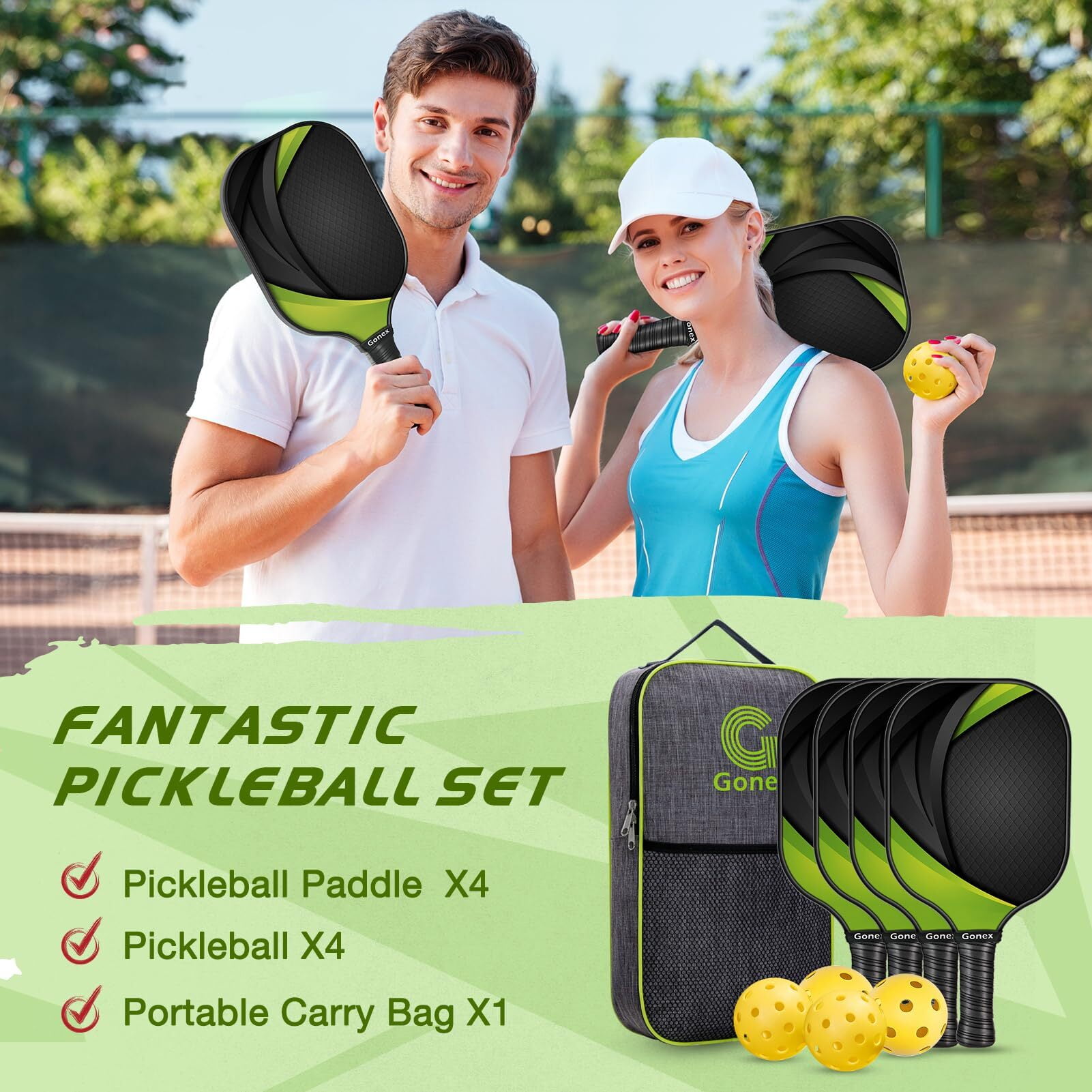 Gonex Pickleball Paddles Set of 4, Carbon Fiber Graphite Rackets with 4 Balls (Green, 4-Pack) 2oa5c