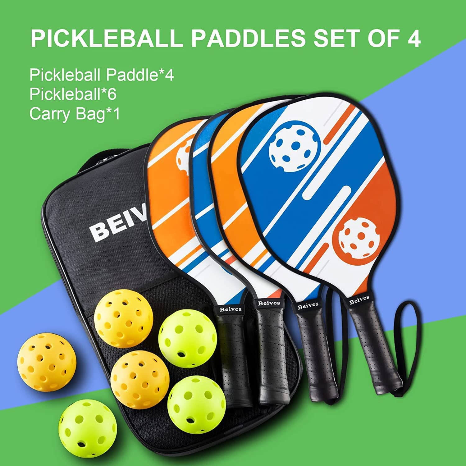 BEIVES Wood Pickleball Paddles Set of 4 (Durable 7-Ply Basswood, Comfortable Grip, Includes Indoor Outdoor Balls & Carrying Bag) ib26t