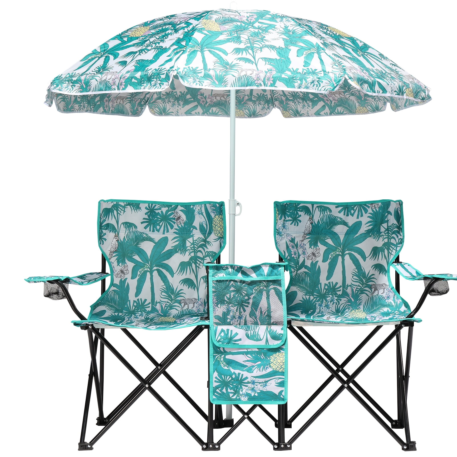 Zimtown Two-Seat Folding Beach Chair with Umbrella and Cooler (Green, 15.2 in Seat Height) s3a49