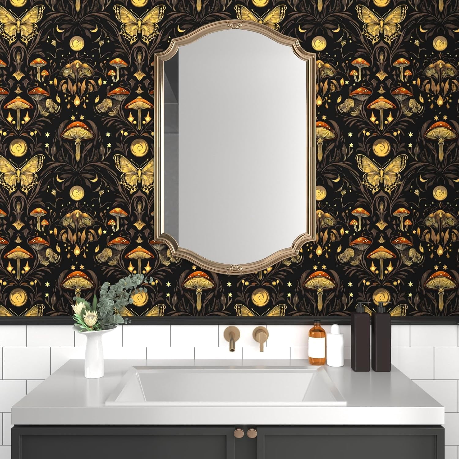 Usachibb Vintage Floral Peel and Stick Wallpaper Boho Contact Paper for Furniture and Home Decor (Black, 17.5 in x 78.5 in) cnf5i