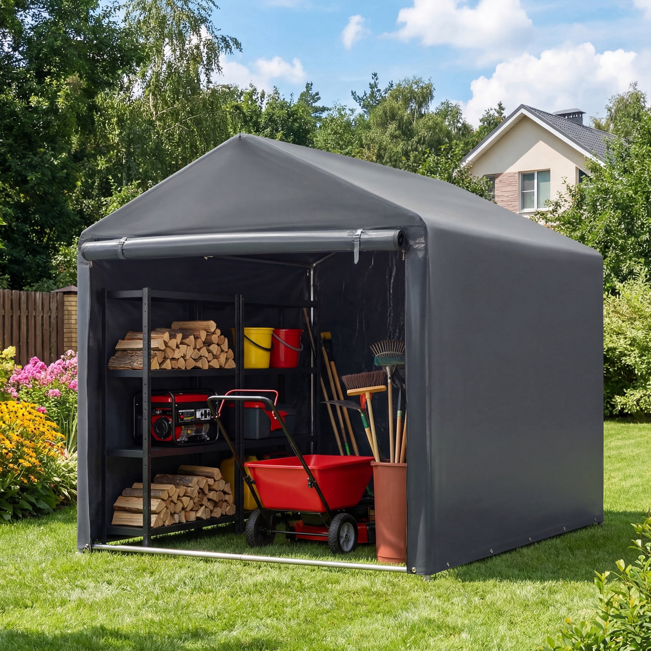 Erommy Outdoor Storage Shed, Heavy-Duty Portable Shelter with Zipper Door for Motorcycles and Garden Tools (Black, 7.2 ft x 5 ft x 5.4 ft) nj760