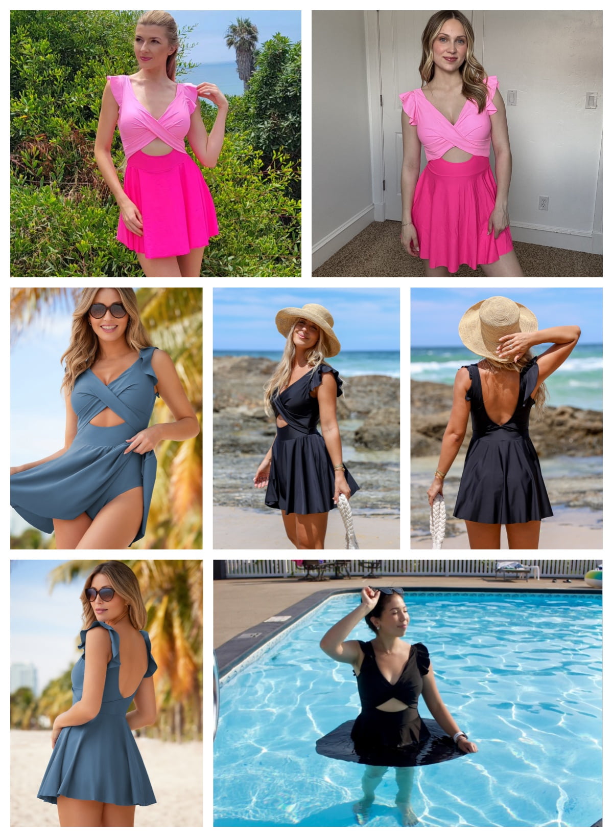 SHEWIN Womens One Piece Swimdress Tummy Control Ruffle Cutout V Neck Swimwear (Black, L) ra17v