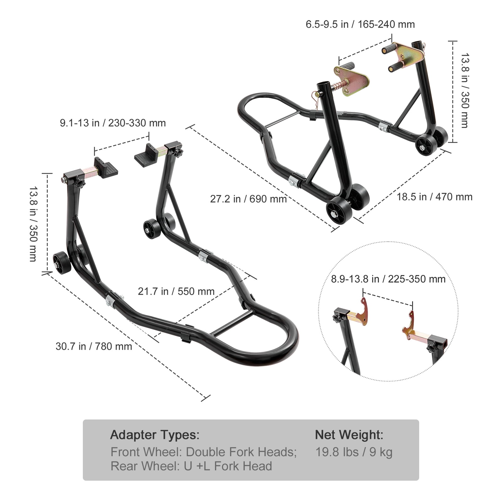 KFFKFF Motorcycle Front and Rear Paddock Stand Lift Set (Black, 850 lb Capacity) yl4aw