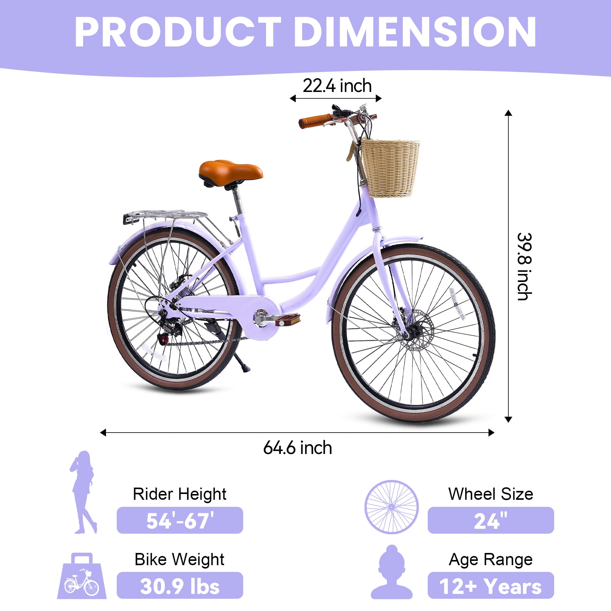Akaber 24 Inch Beach Cruiser Bike for Women, 7-Speed Commuter Bicycle with Rattan Basket (24 in) wfxv2