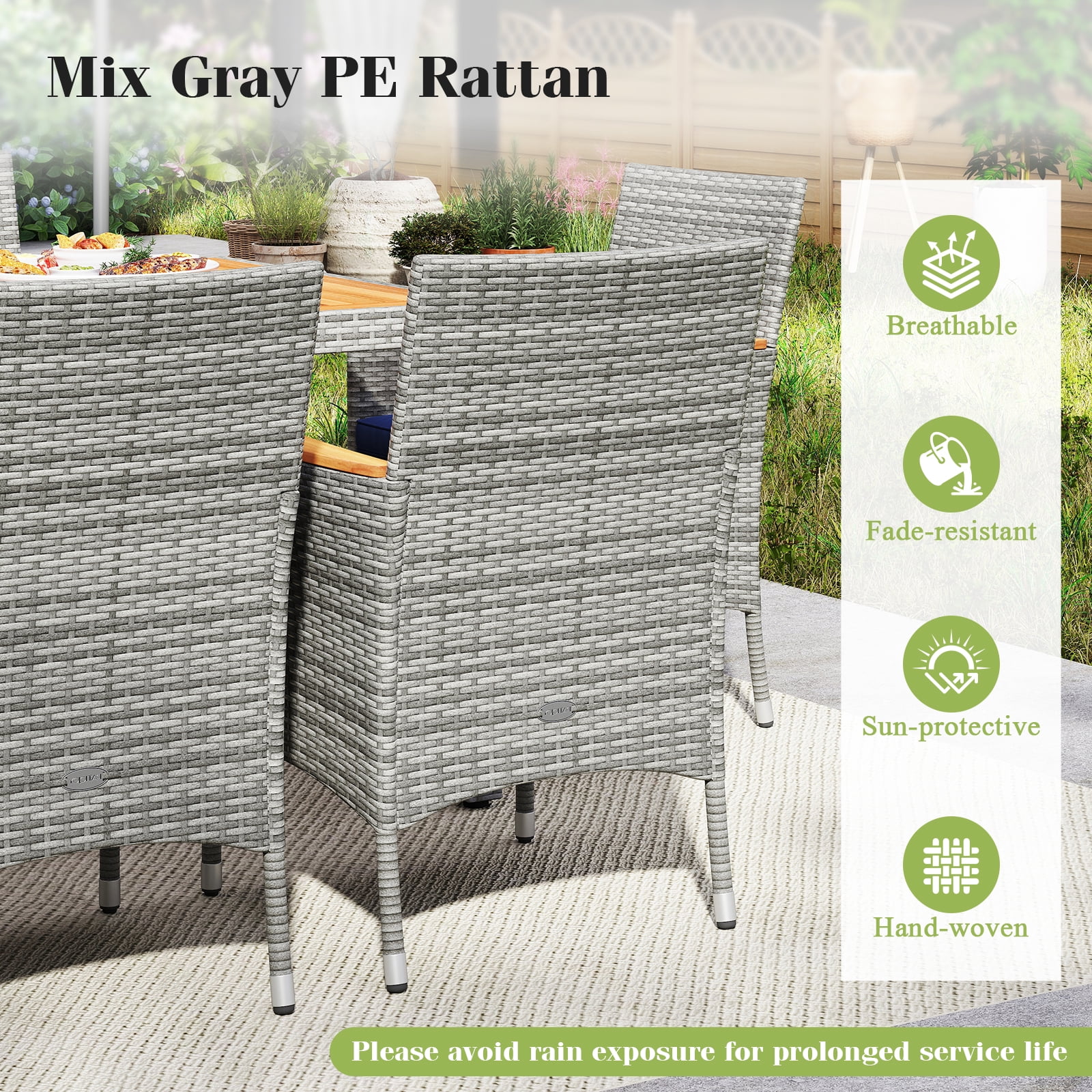 Gymax 9-Piece Patio PE Wicker Dining Set with Acacia Wood Table and Cushioned Chairs (Navy, 9-Piece Set) xmgz5
