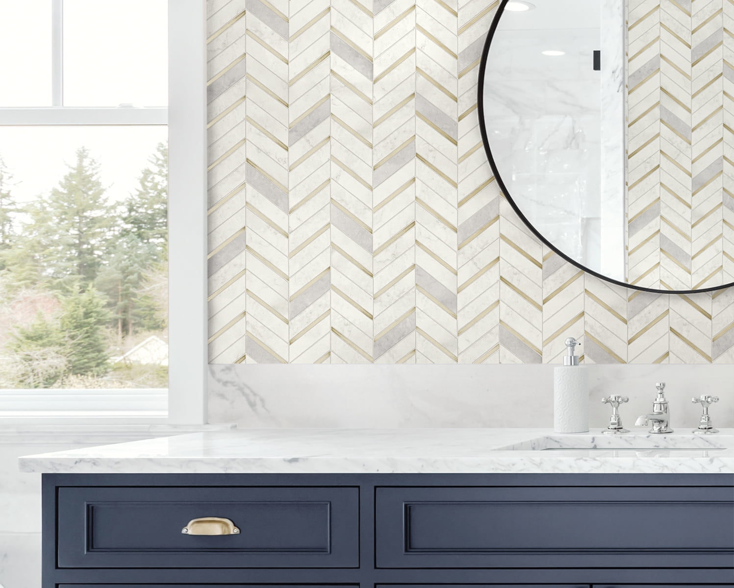 NextWall Metallic Gold & Pearl Gray Chevron Marble Tile Peel and Stick Wallpaper (Gold, 20.5 in. x 18 ft.) mrzf3