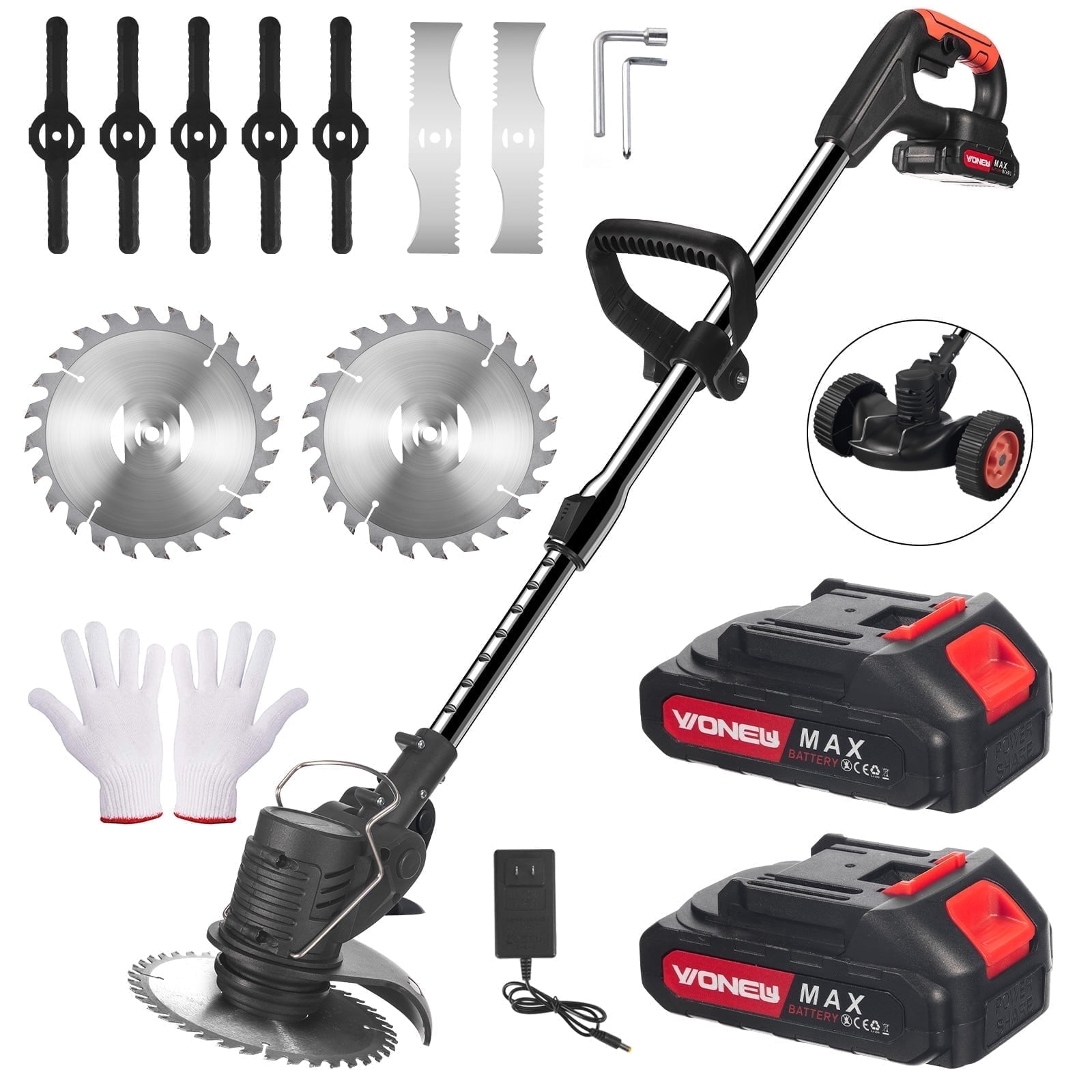 Paddsun 3-in-1 Cordless Electric Weed Eater with Wheels, Adjustable Telescoping Handle and 3-Blade System (Black) 08krj