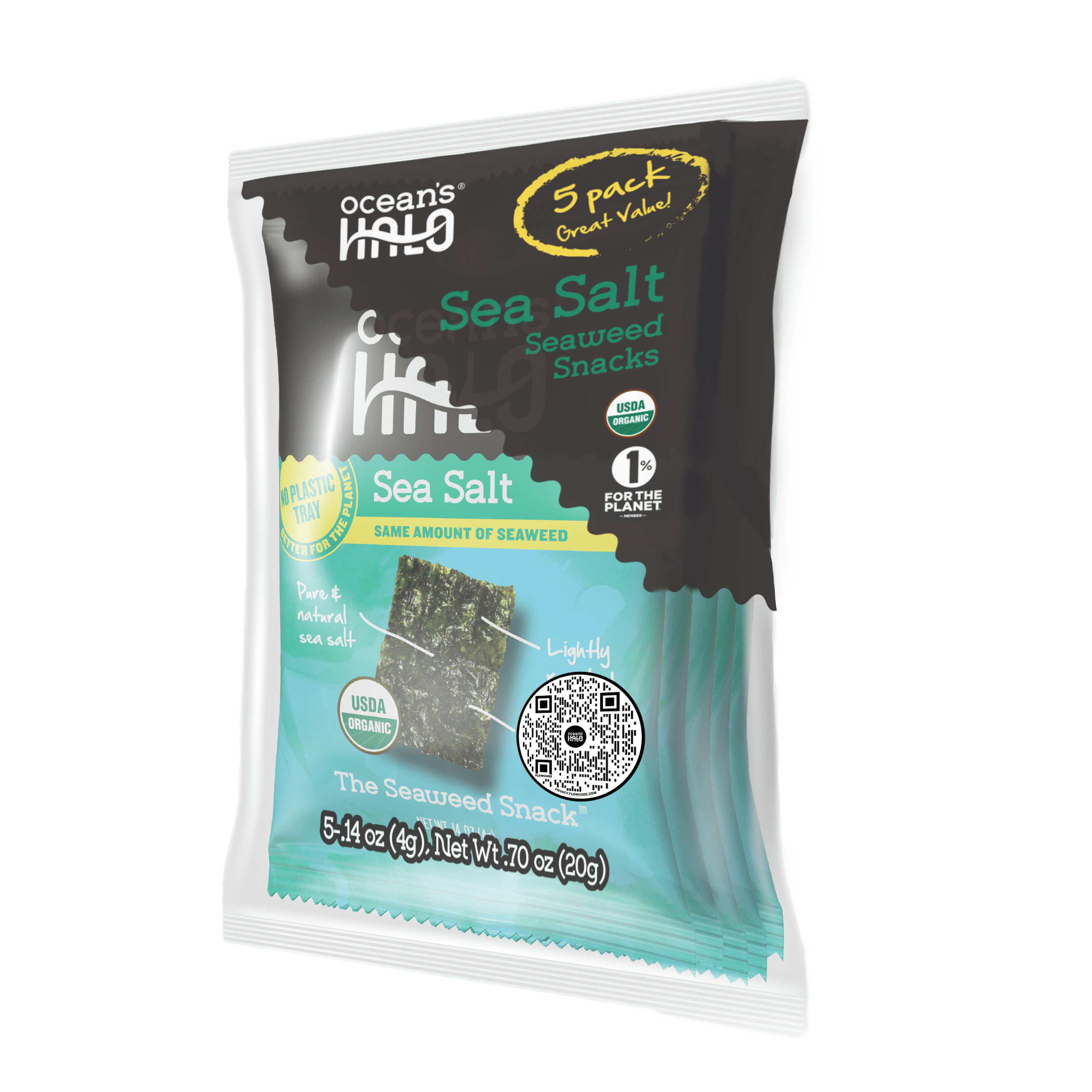 Ocean's Halo Seaweed Snack, Roasted Nori Crispy Chips, Sea Salt Flavor (5 Pack, 0.7 oz Total) z9qv1