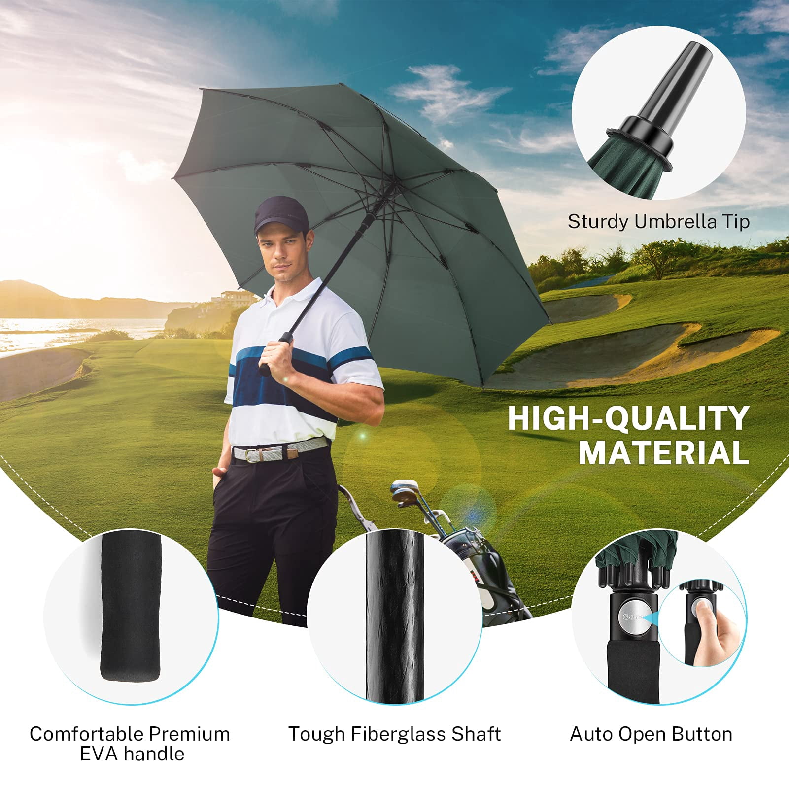 Gonex 68 Inch Automatic Open Golf Umbrella, Extra Large Windproof Double Canopy Stick Umbrella (Green, 68 in) 6mgt5